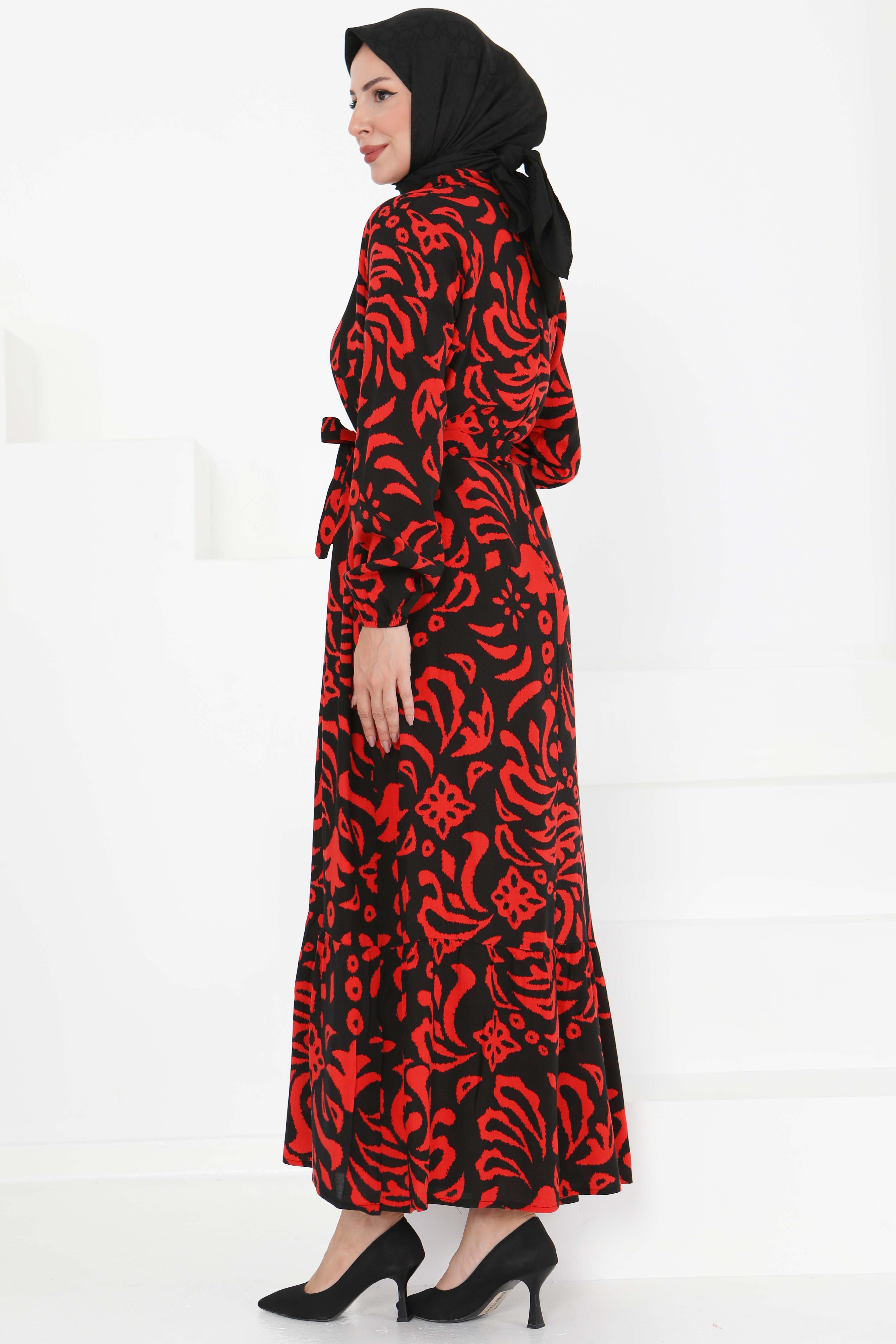 Kuşaklı Desenli Elbise - 27394 - 5