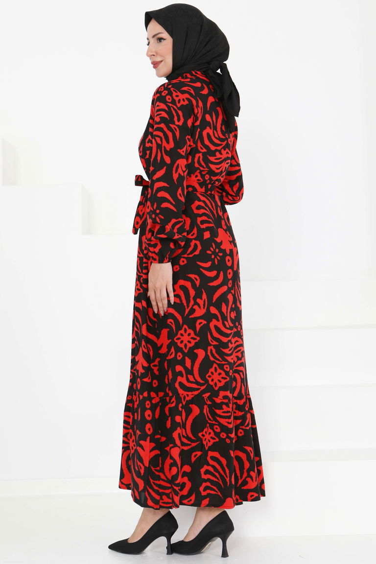 Kuşaklı Desenli Elbise - 27394 - TOFİSA