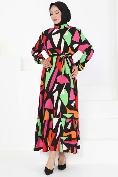 Kuşaklı Desenli Elbise - 27395 