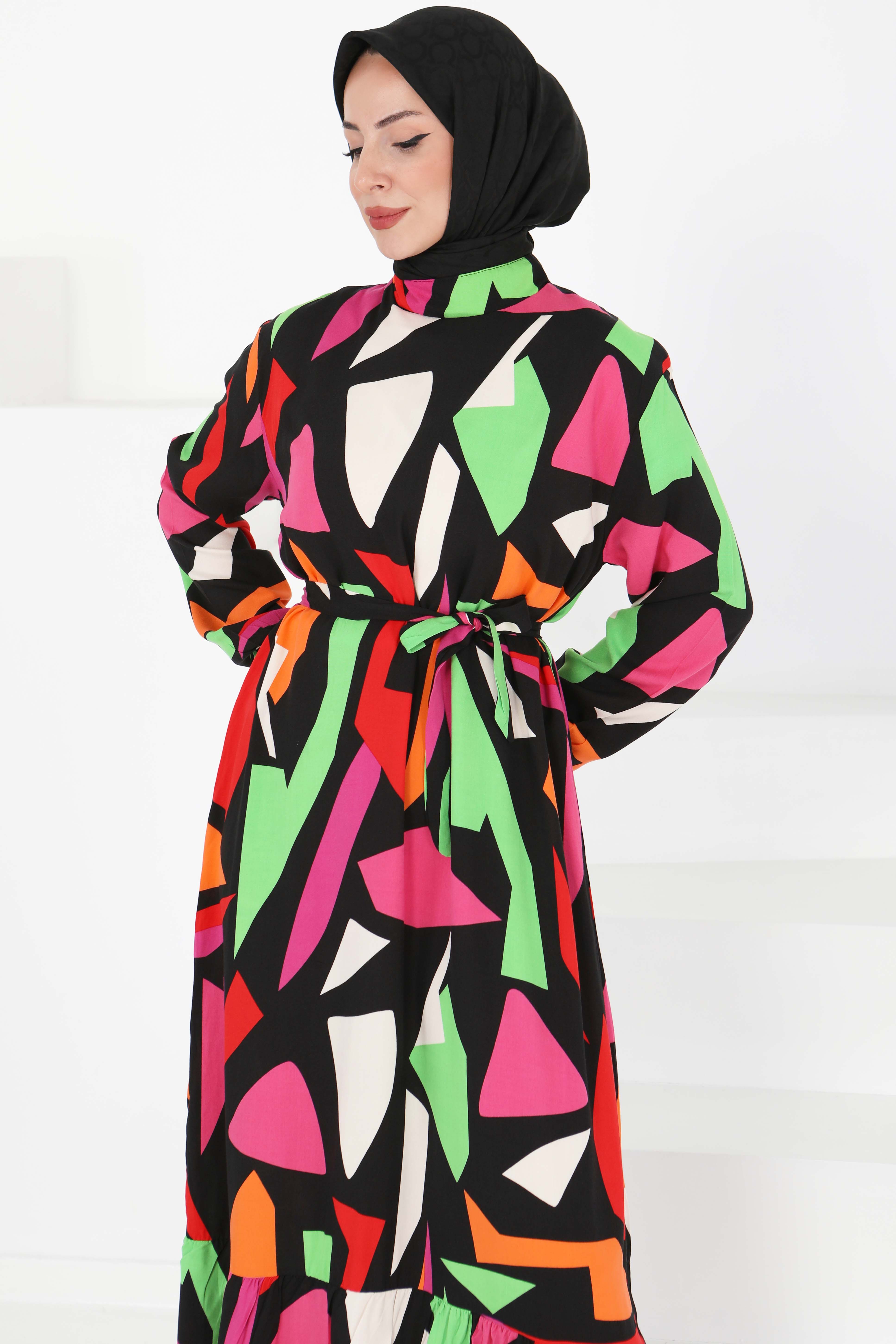 Kuşaklı Desenli Elbise - 27395 - 2