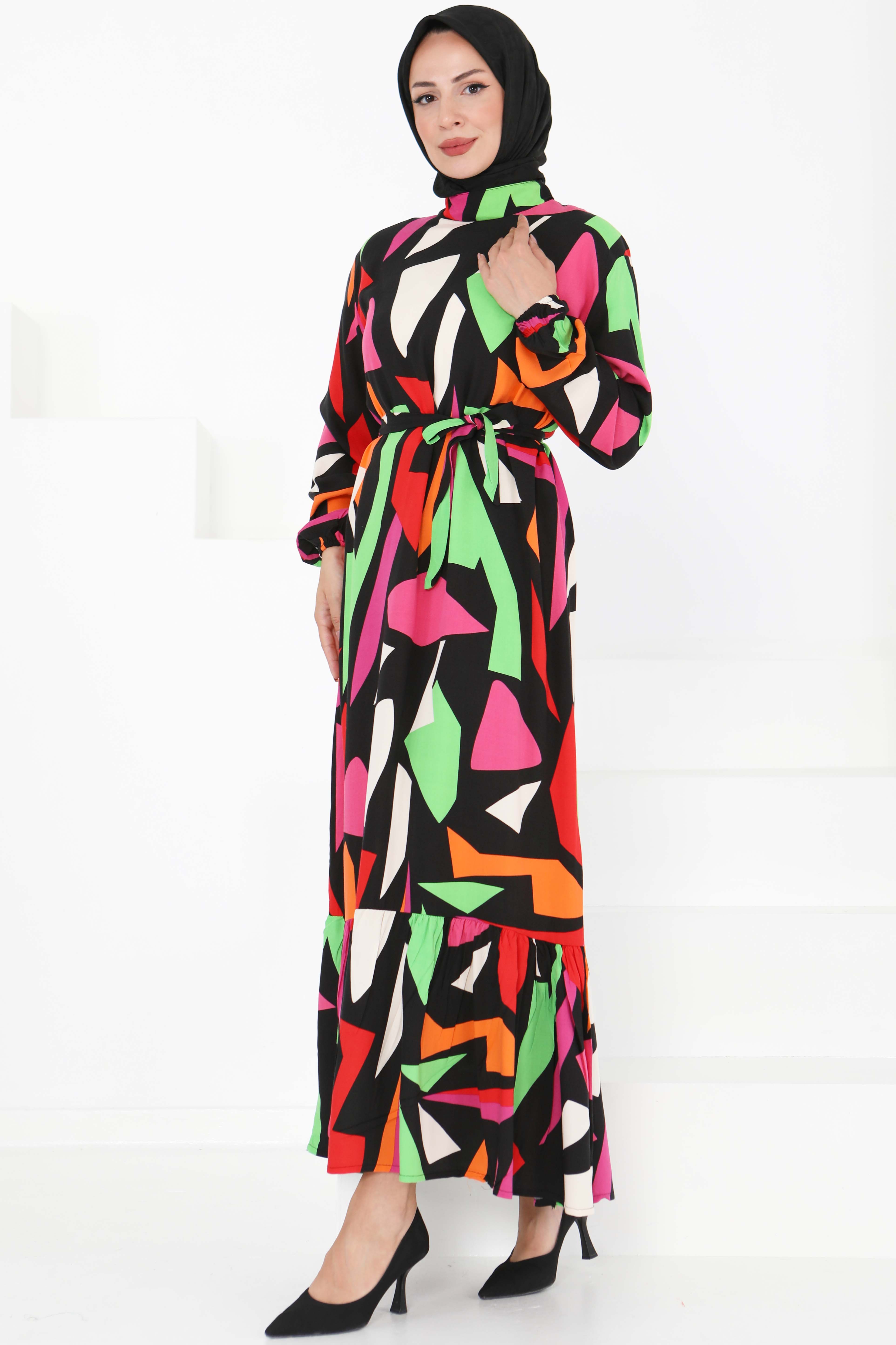 Kuşaklı Desenli Elbise - 27395 - 3