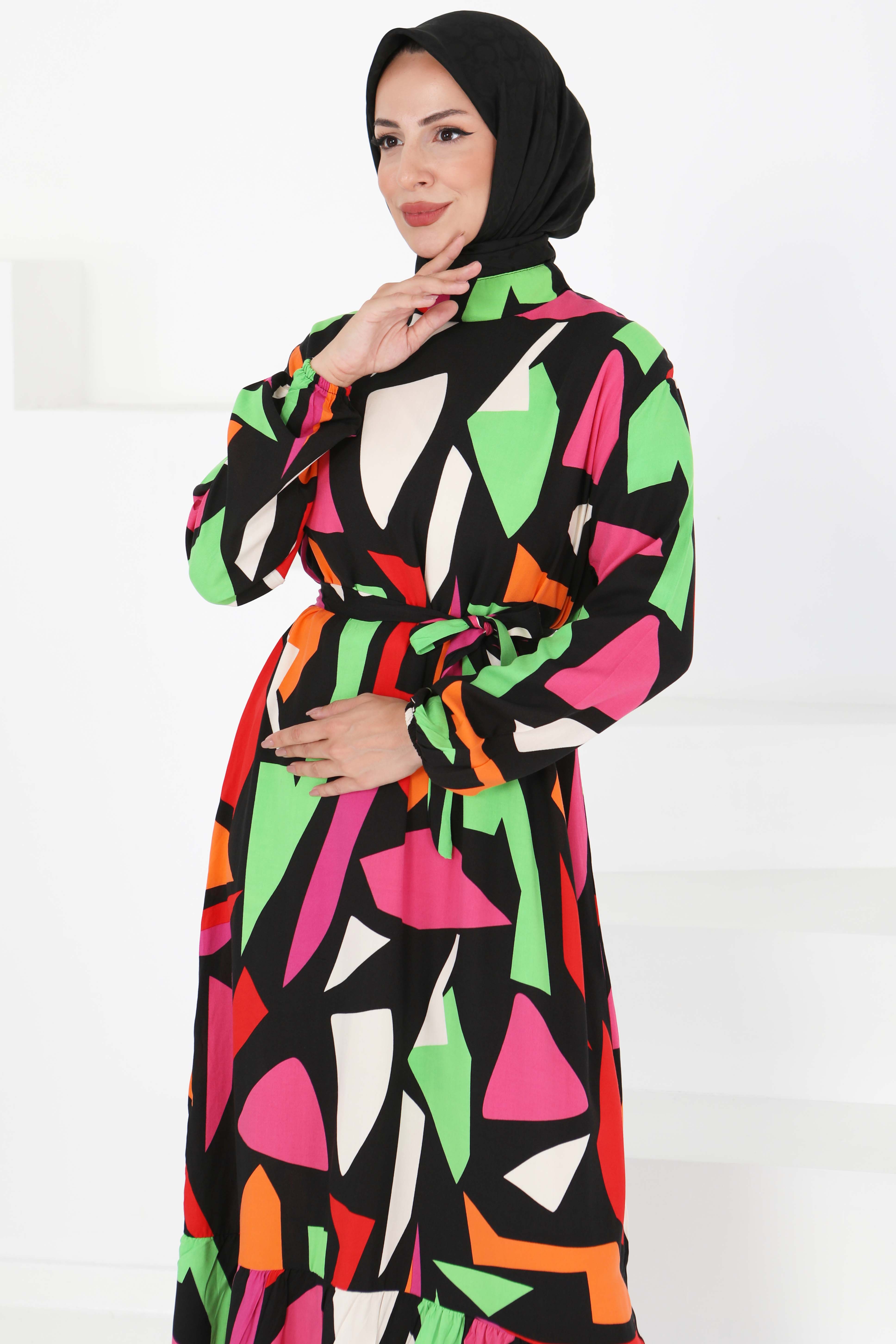 Kuşaklı Desenli Elbise - 27395 - 4