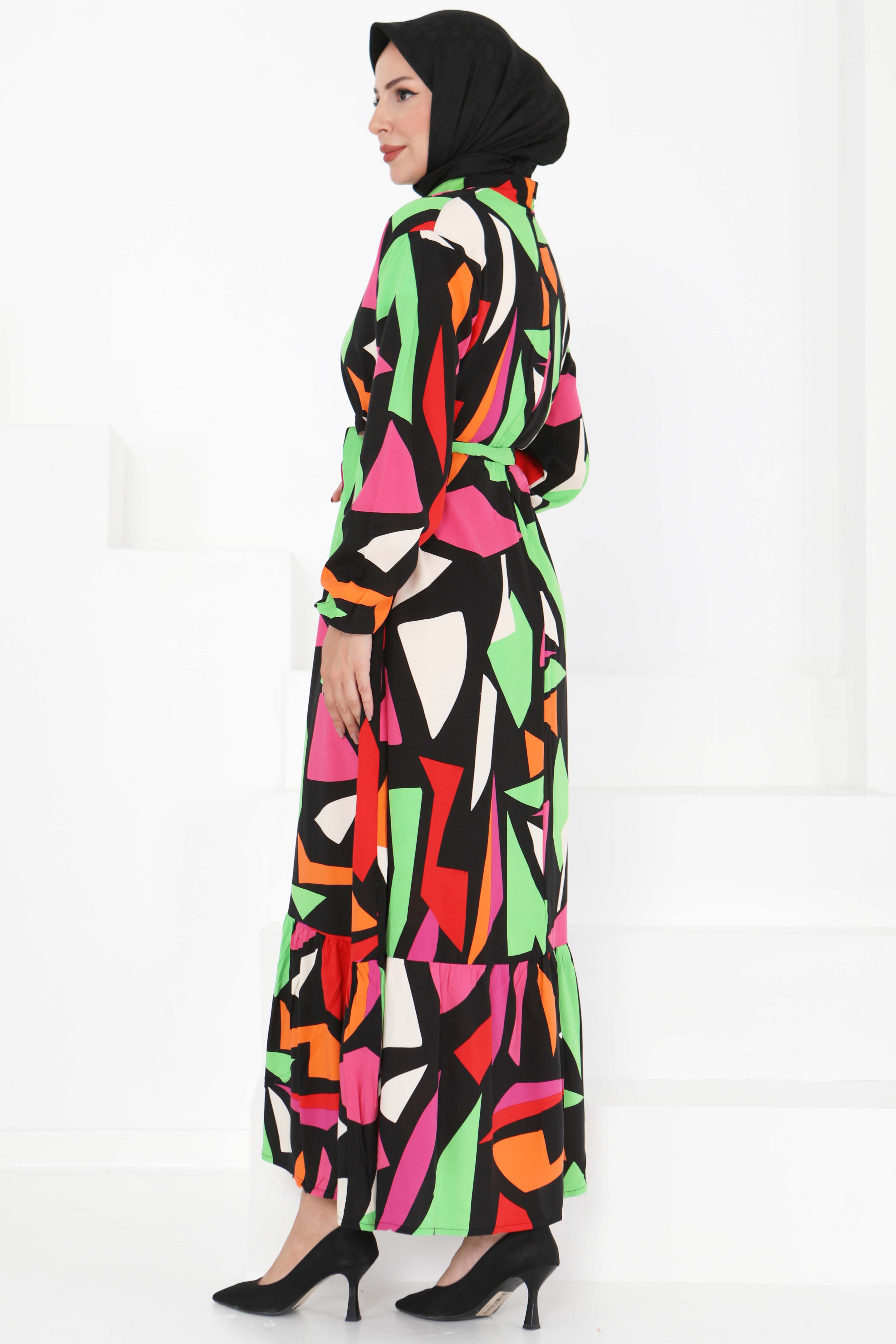 Kuşaklı Desenli Elbise - 27395 - 5