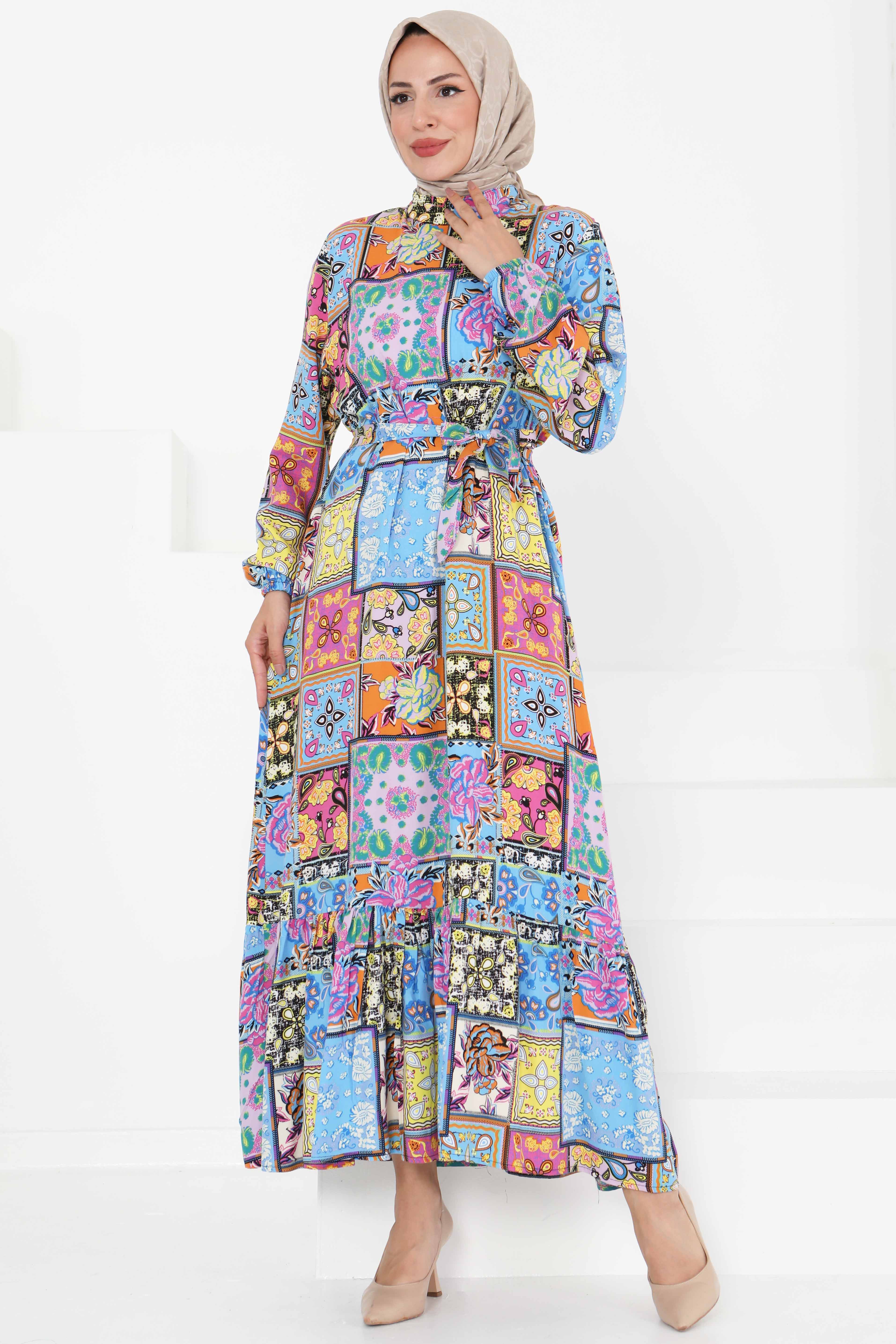 Kuşaklı Desenli Elbise - 27422 - 1