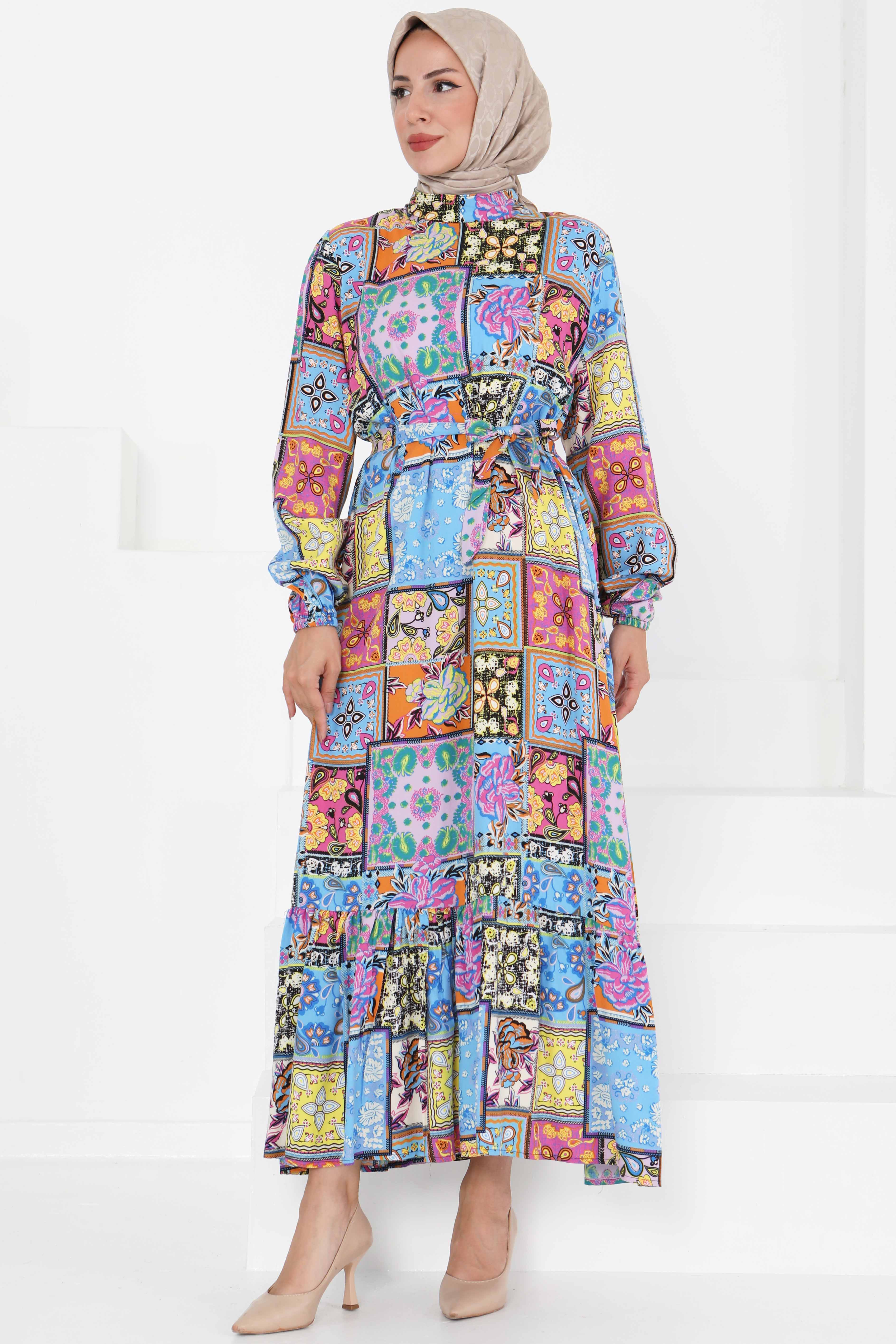 Kuşaklı Desenli Elbise - 27422 - 3