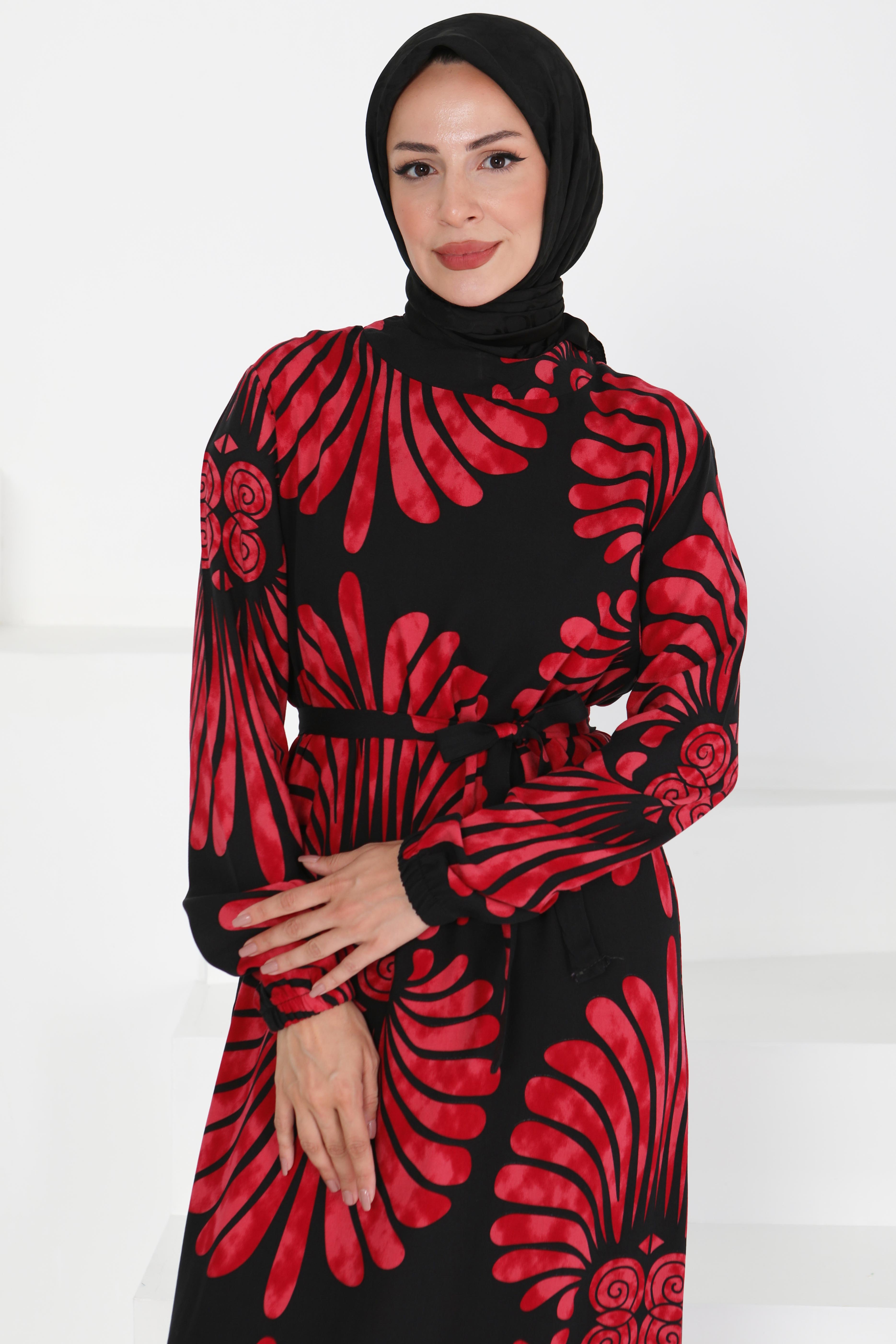 Kuşaklı Desenli Elbise - 27427 - 1