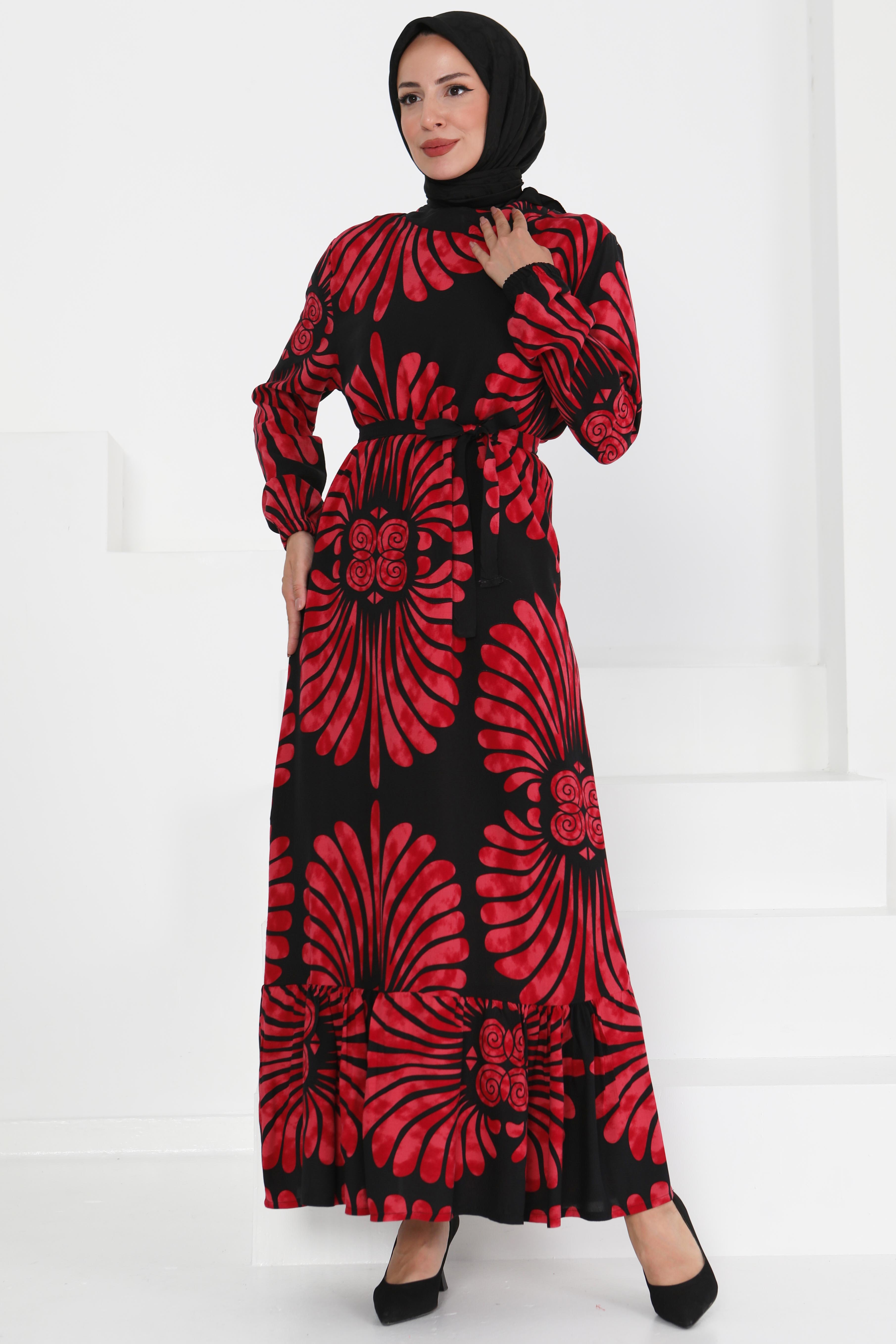 Kuşaklı Desenli Elbise - 27427 - 2