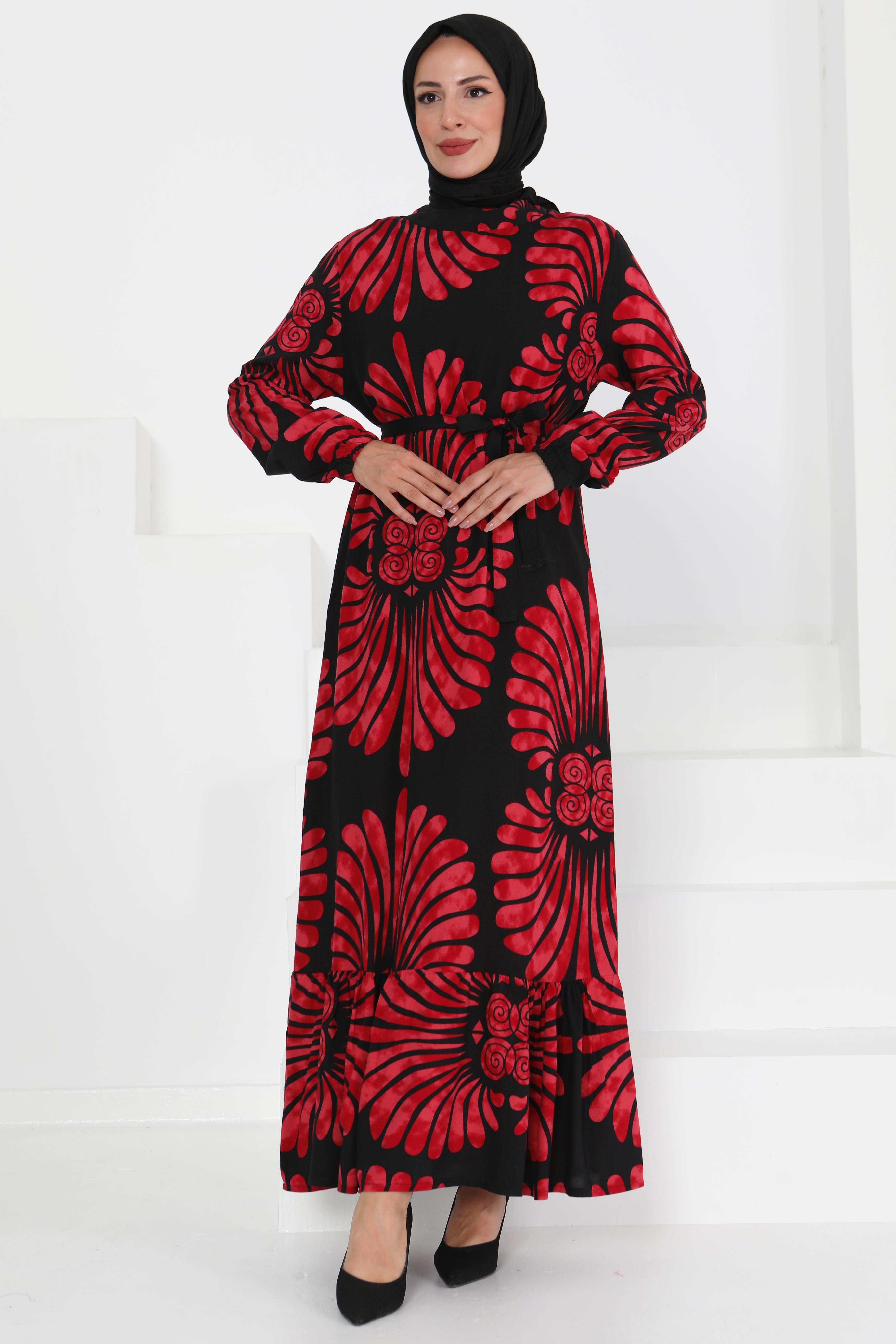 Kuşaklı Desenli Elbise - 27427 - 3