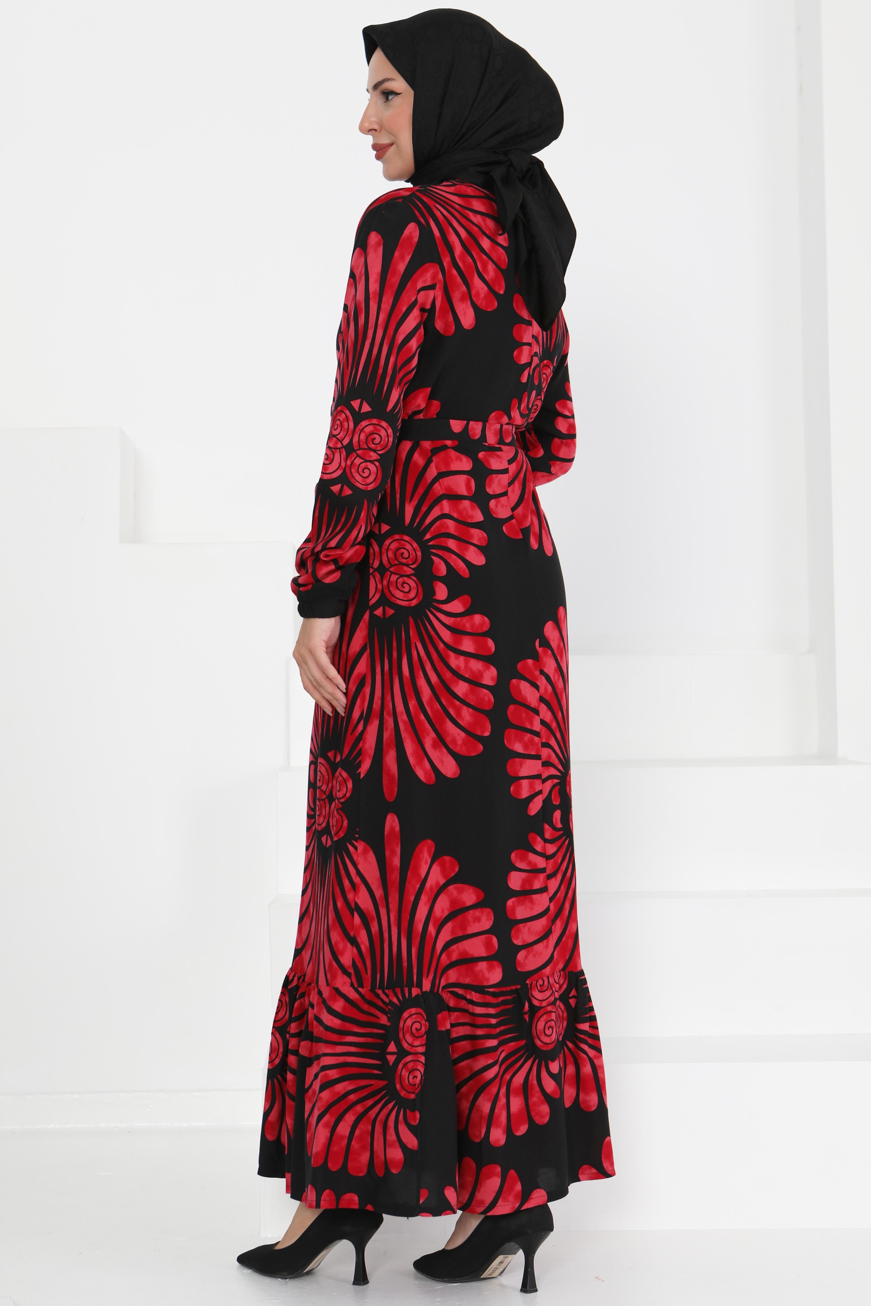 Kuşaklı Desenli Elbise - 27427 - 4