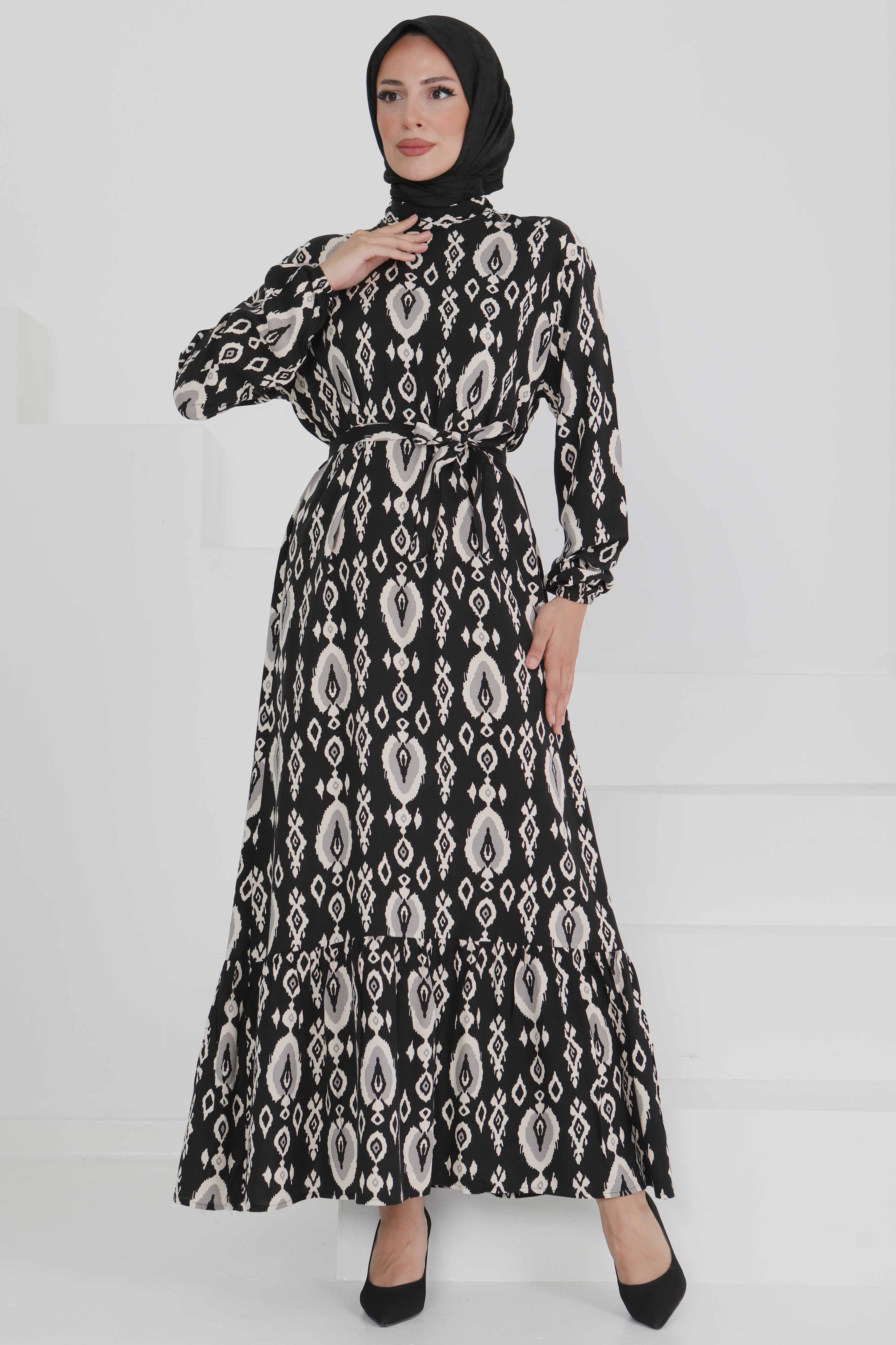 Kuşaklı Desenli Elbise - 27495 - 1