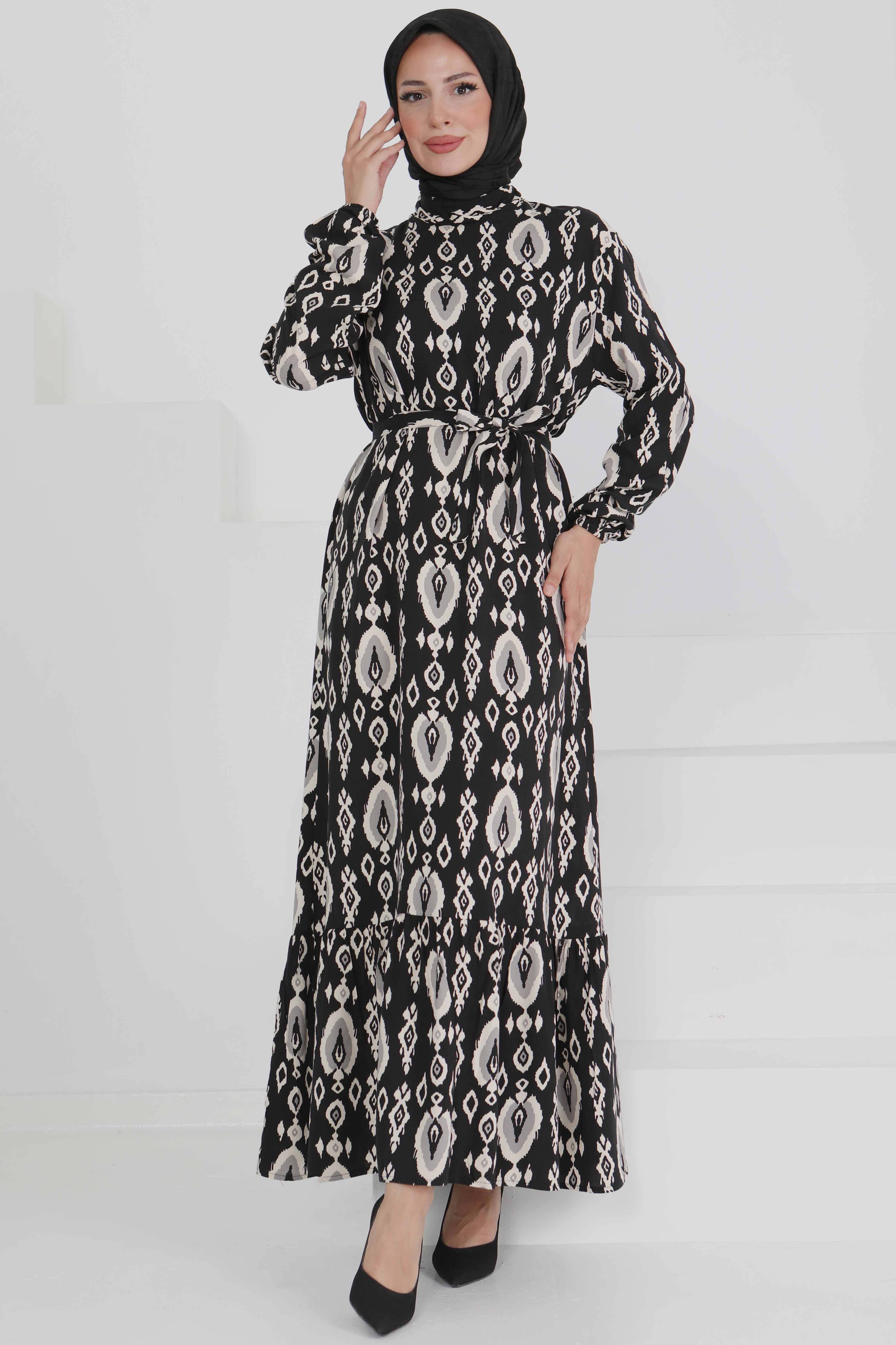 Kuşaklı Desenli Elbise - 27495 - 3