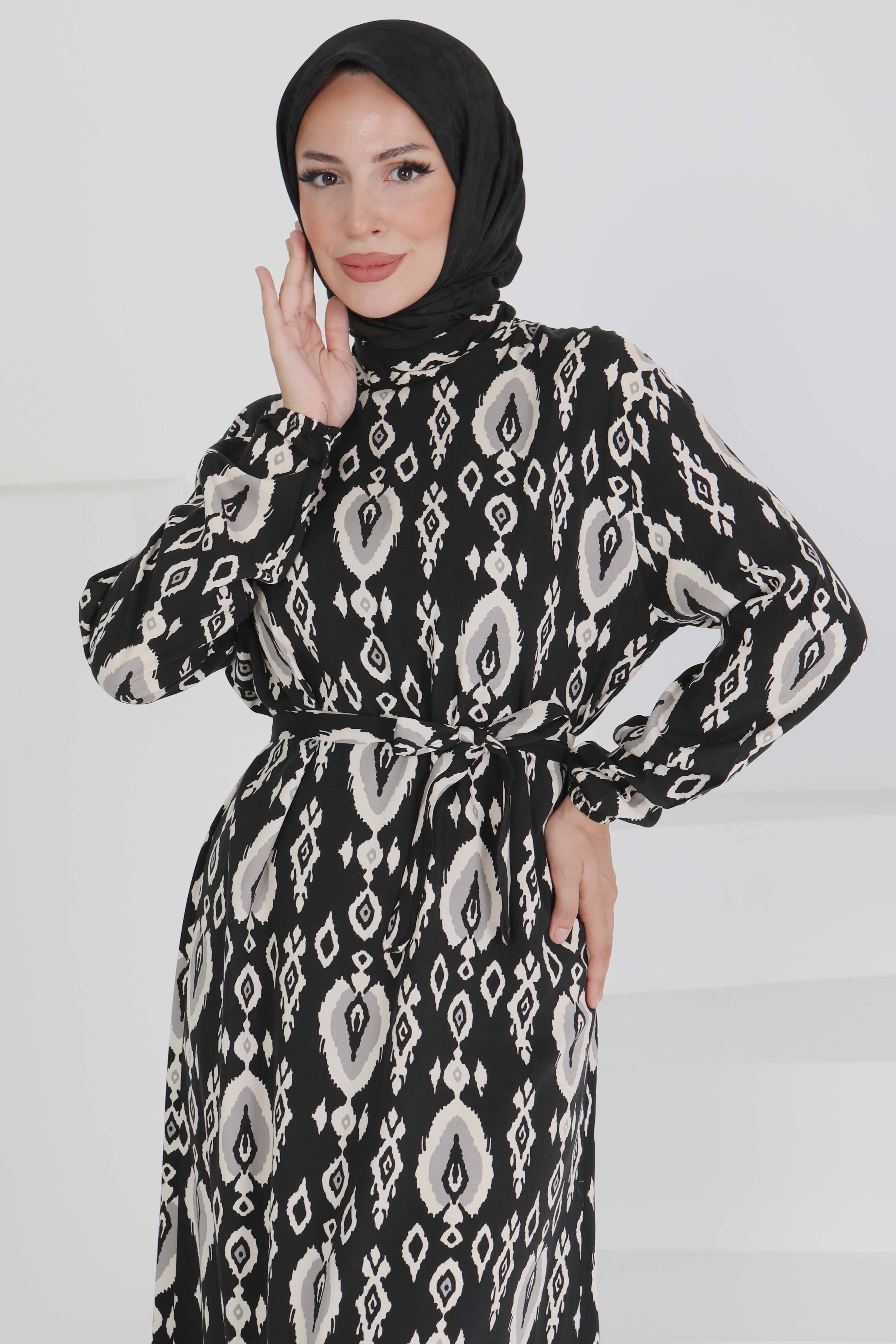 Kuşaklı Desenli Elbise - 27495 - 4