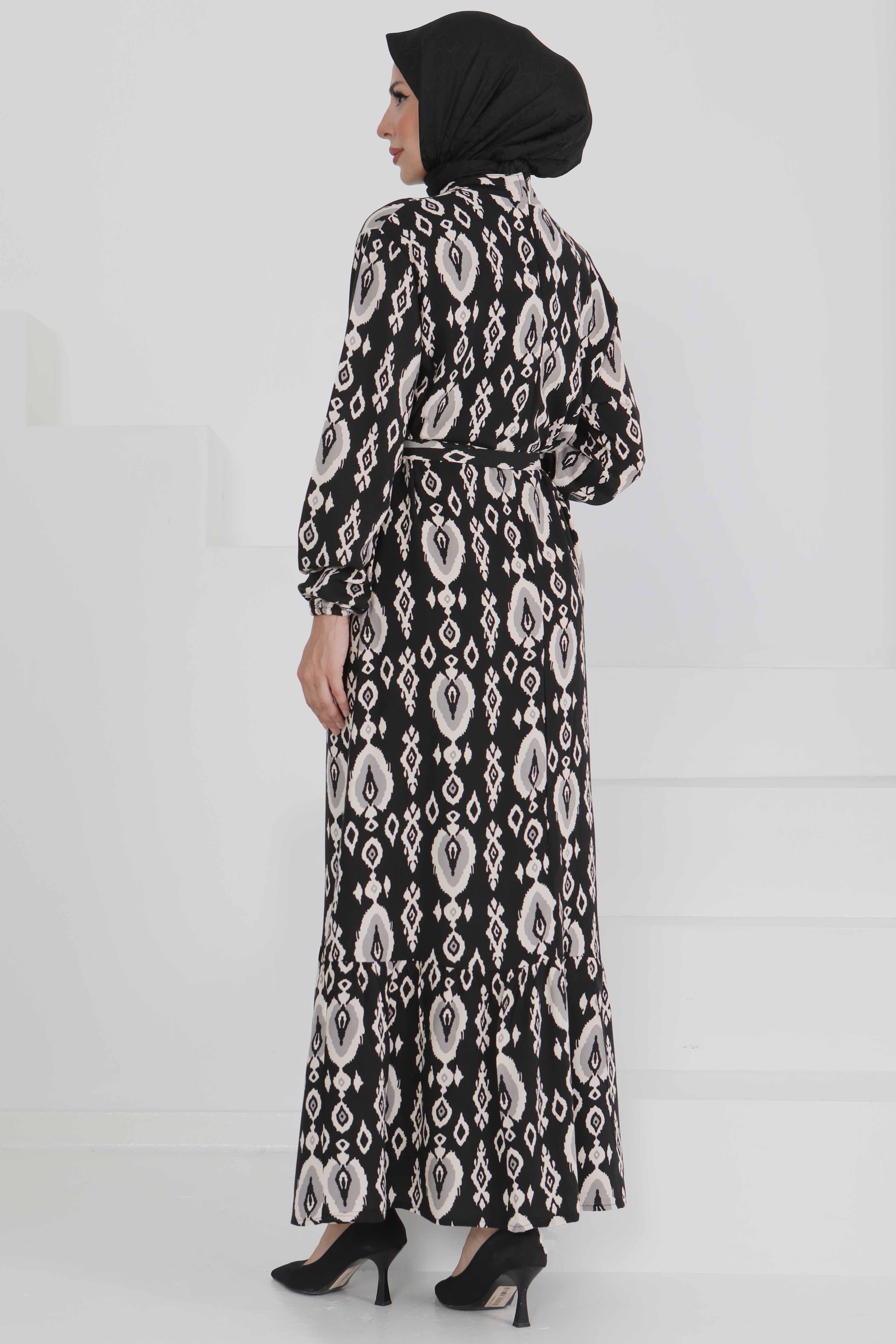 Kuşaklı Desenli Elbise - 27495 - 5