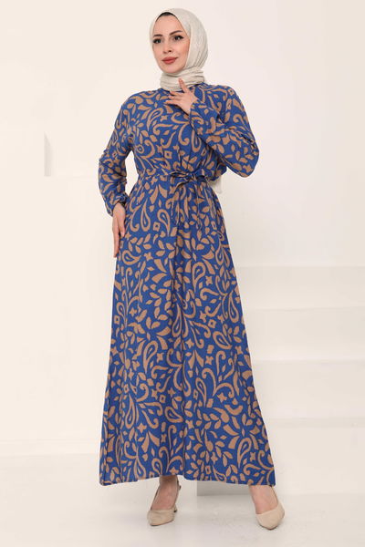 Kuşaklı Desenli Elbise - 27042 