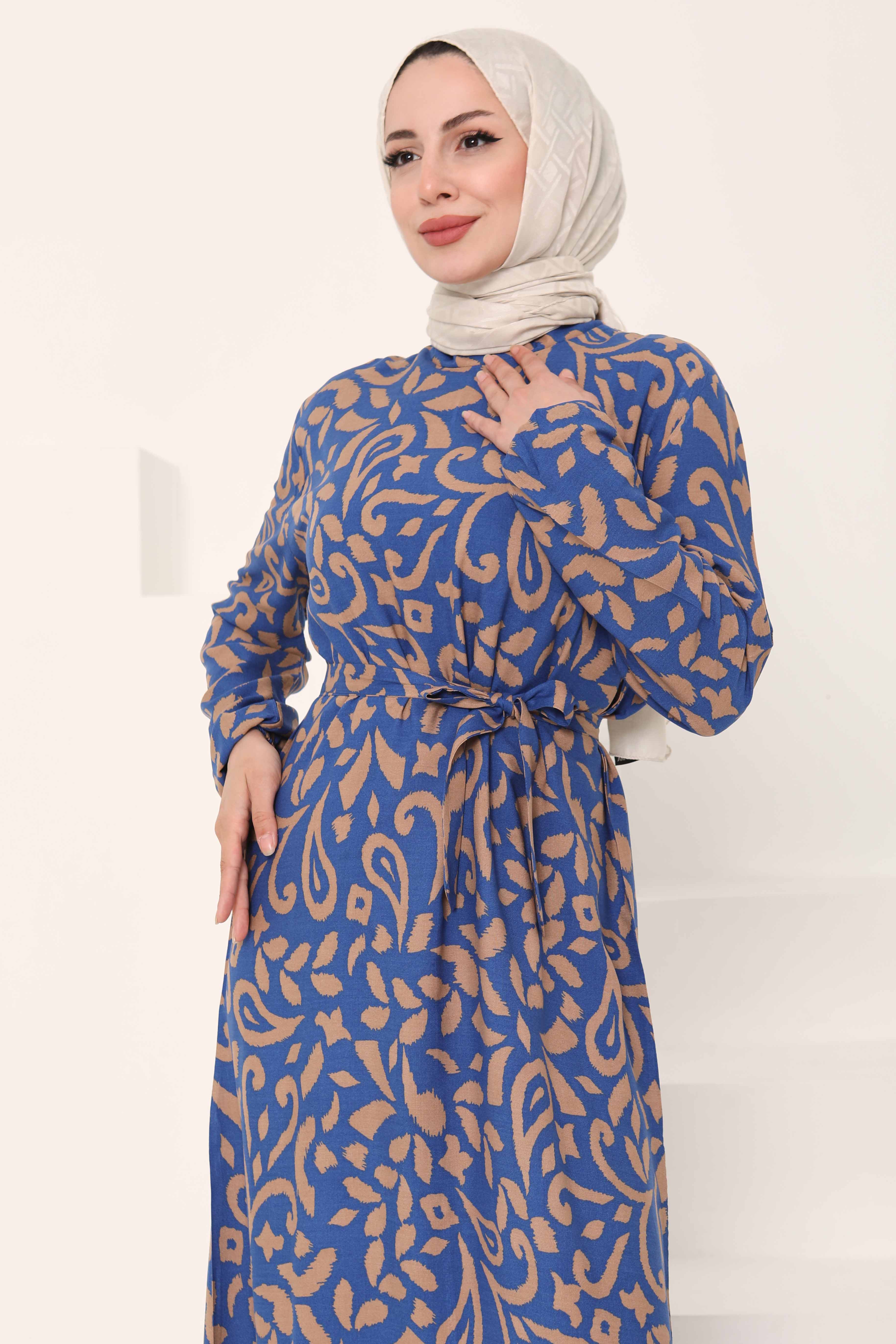 Kuşaklı Desenli Elbise - 27042 - 2
