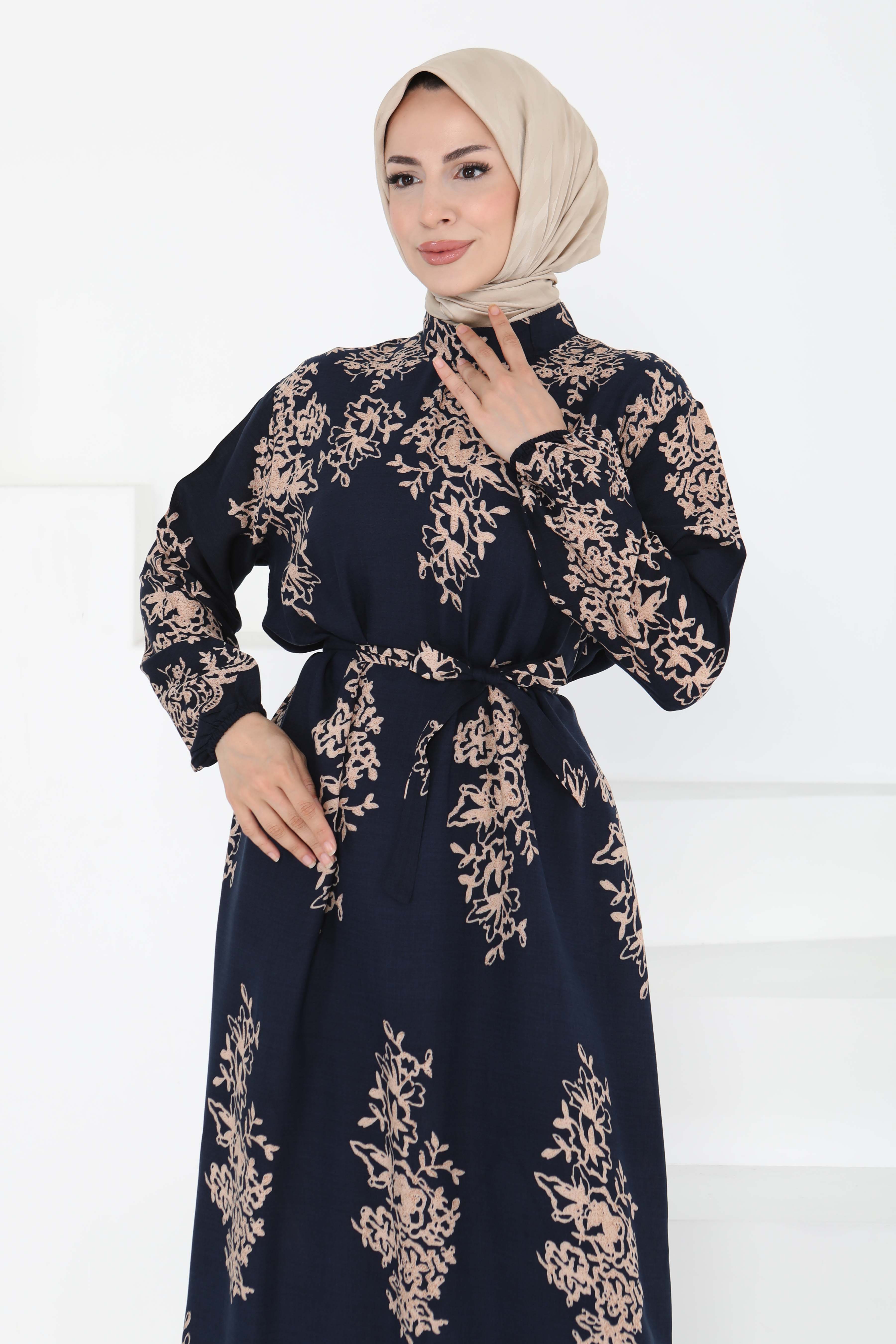 Kuşaklı Desenli Elbise - 27191 - 2