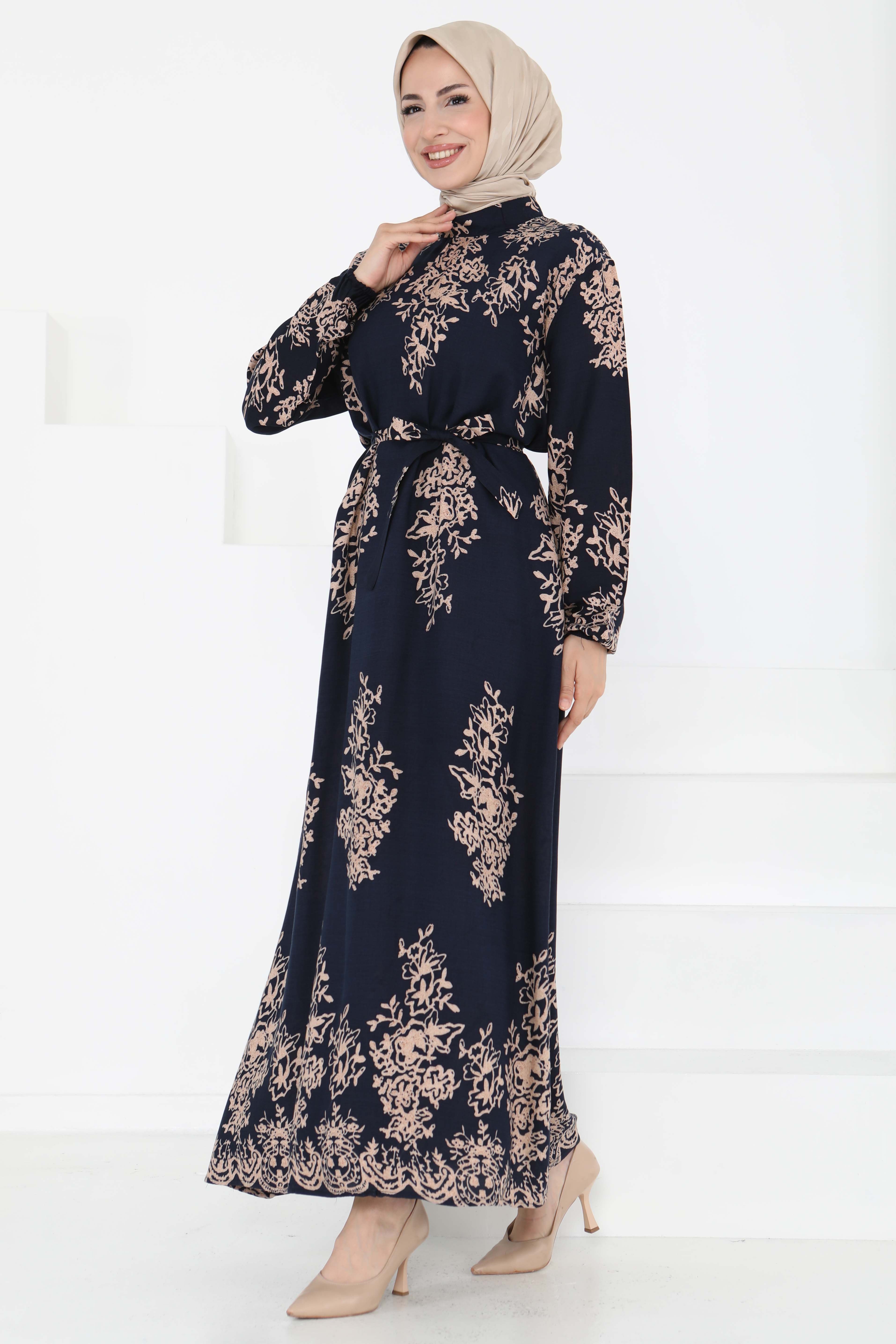 Kuşaklı Desenli Elbise - 27191 - 3