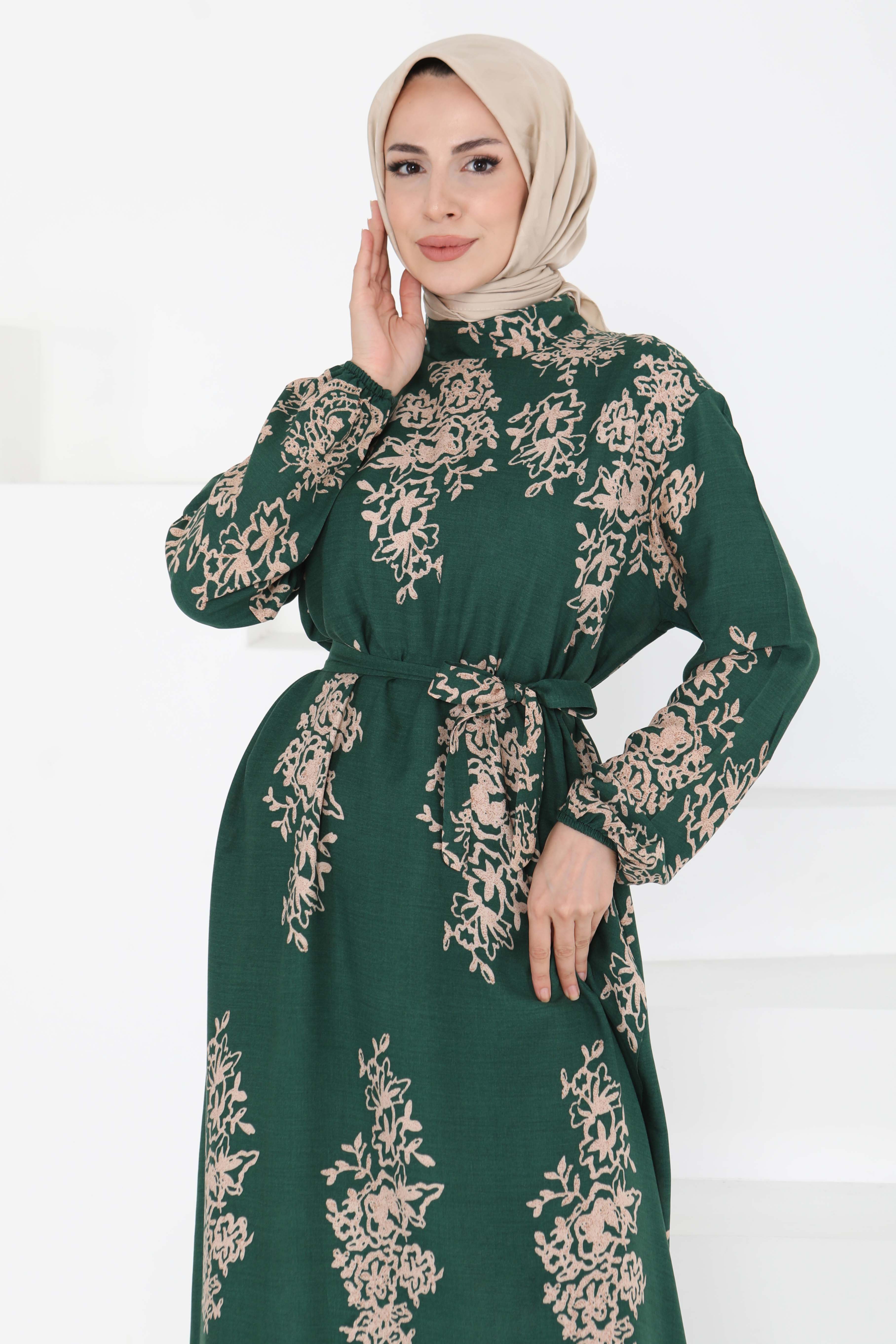 Kuşaklı Desenli Elbise - 27191 - 2
