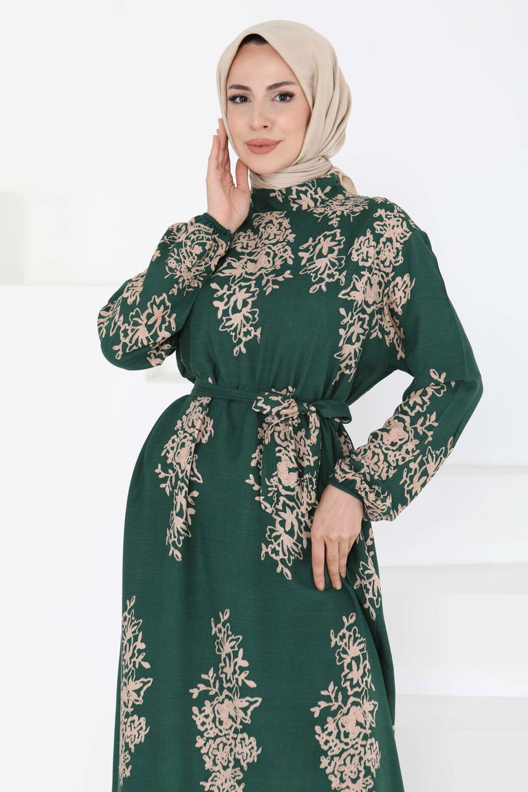 Kuşaklı Desenli Elbise - 27191 - TOFİSA