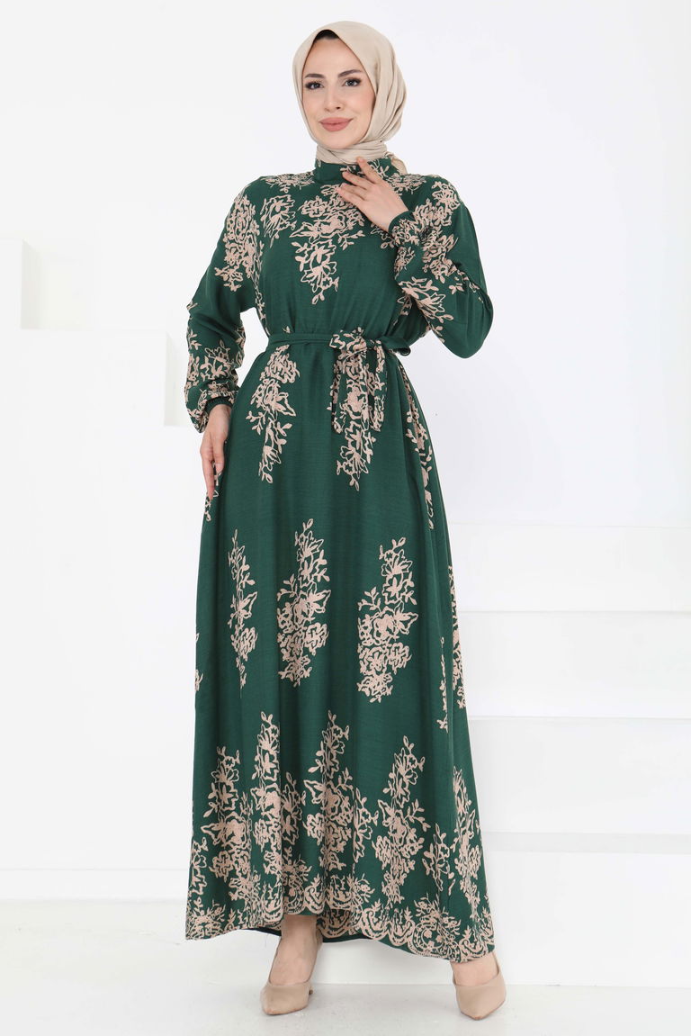 Kuşaklı Desenli Elbise - 27191 - TOFİSA