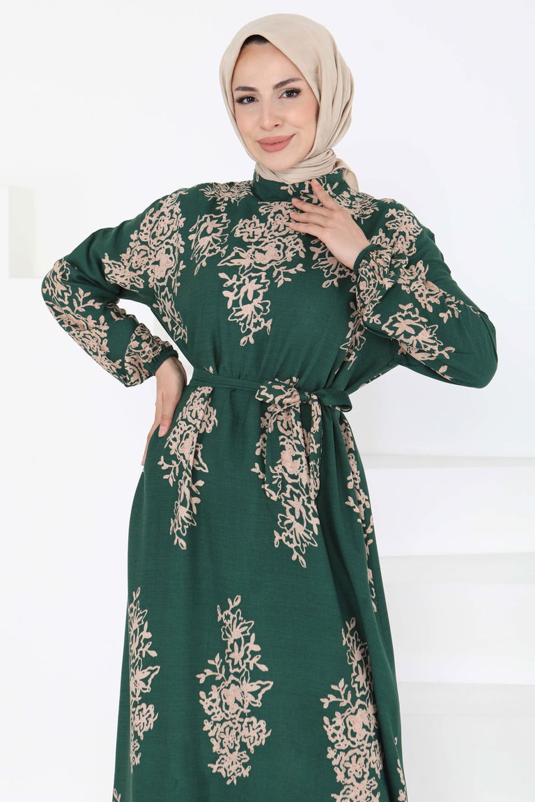 Kuşaklı Desenli Elbise - 27191 - TOFİSA