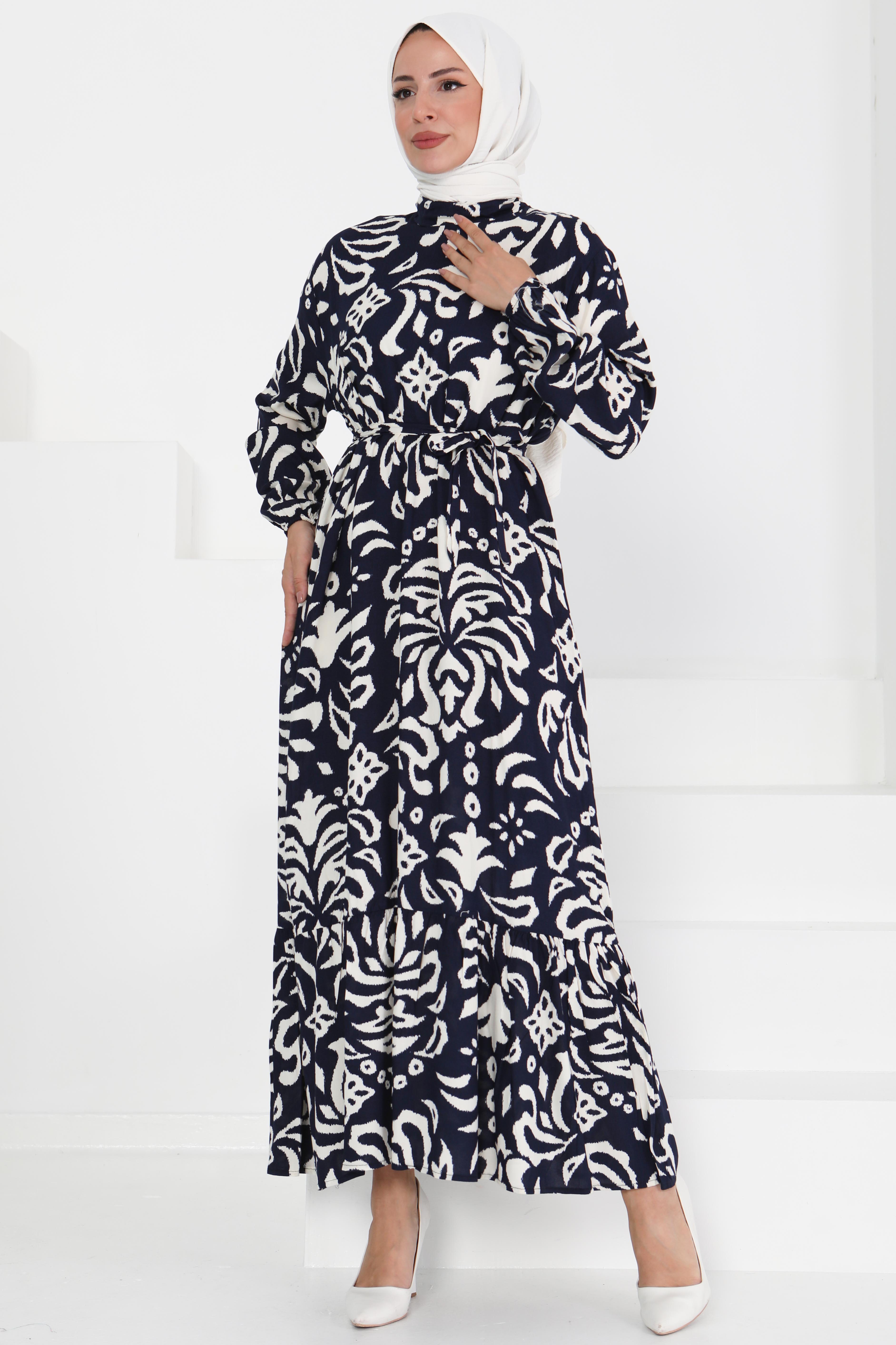 Kuşaklı Desenli Elbise - 27394 - 1