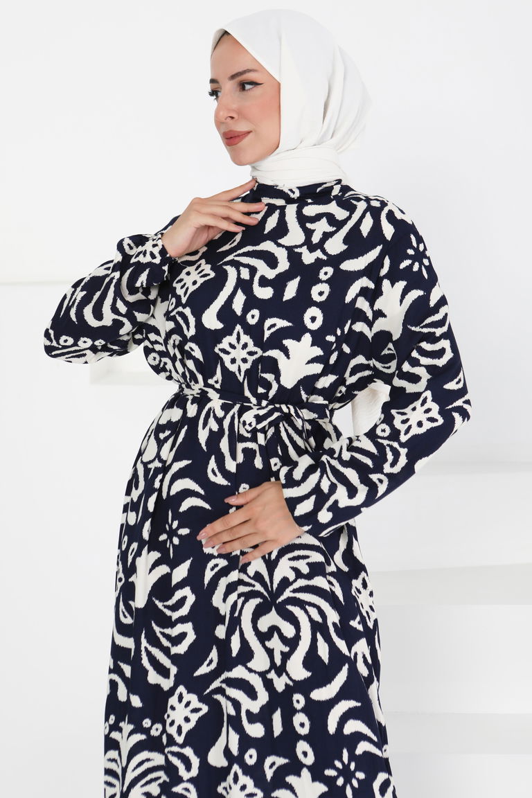 Kuşaklı Desenli Elbise - 27394 - TOFİSA