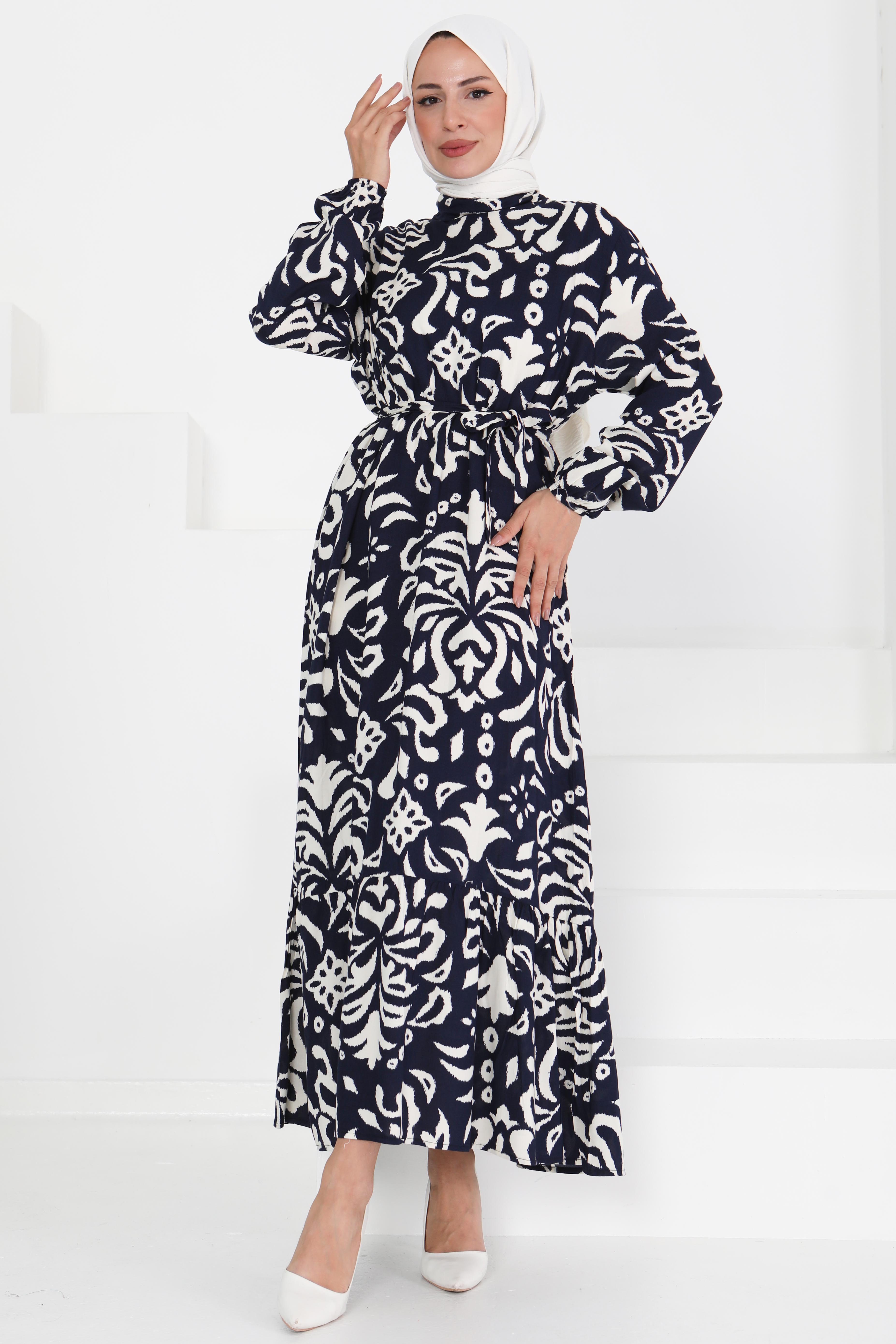 Kuşaklı Desenli Elbise - 27394 - 3