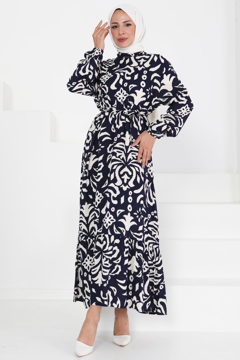 Kuşaklı Desenli Elbise - 27394 - TOFİSA