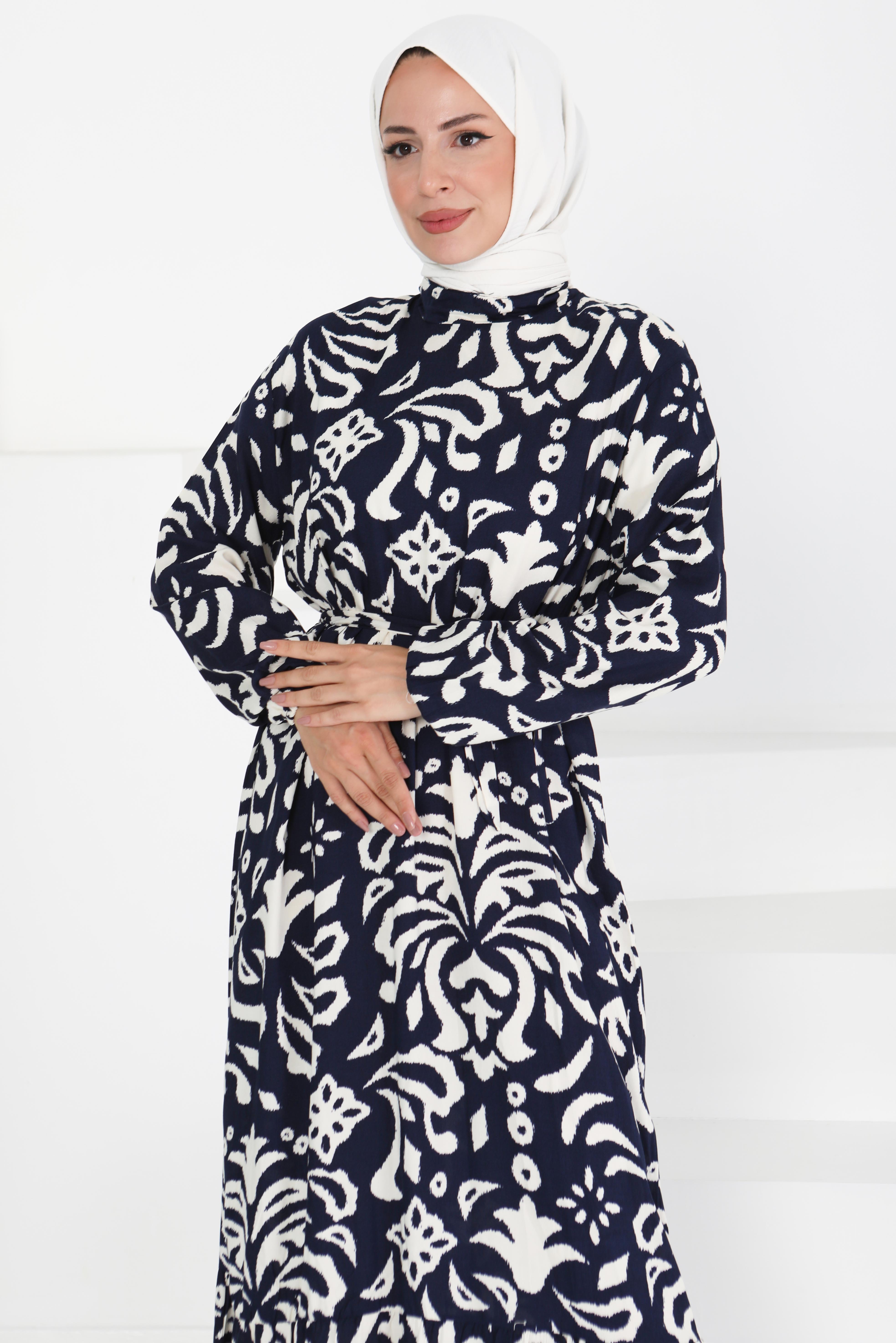 Kuşaklı Desenli Elbise - 27394 - 4