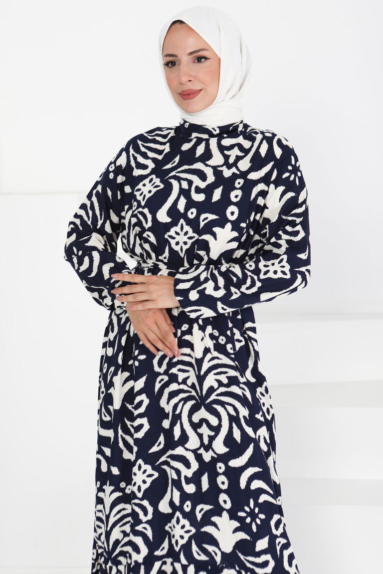 Kuşaklı Desenli Elbise - 27394 - TOFİSA