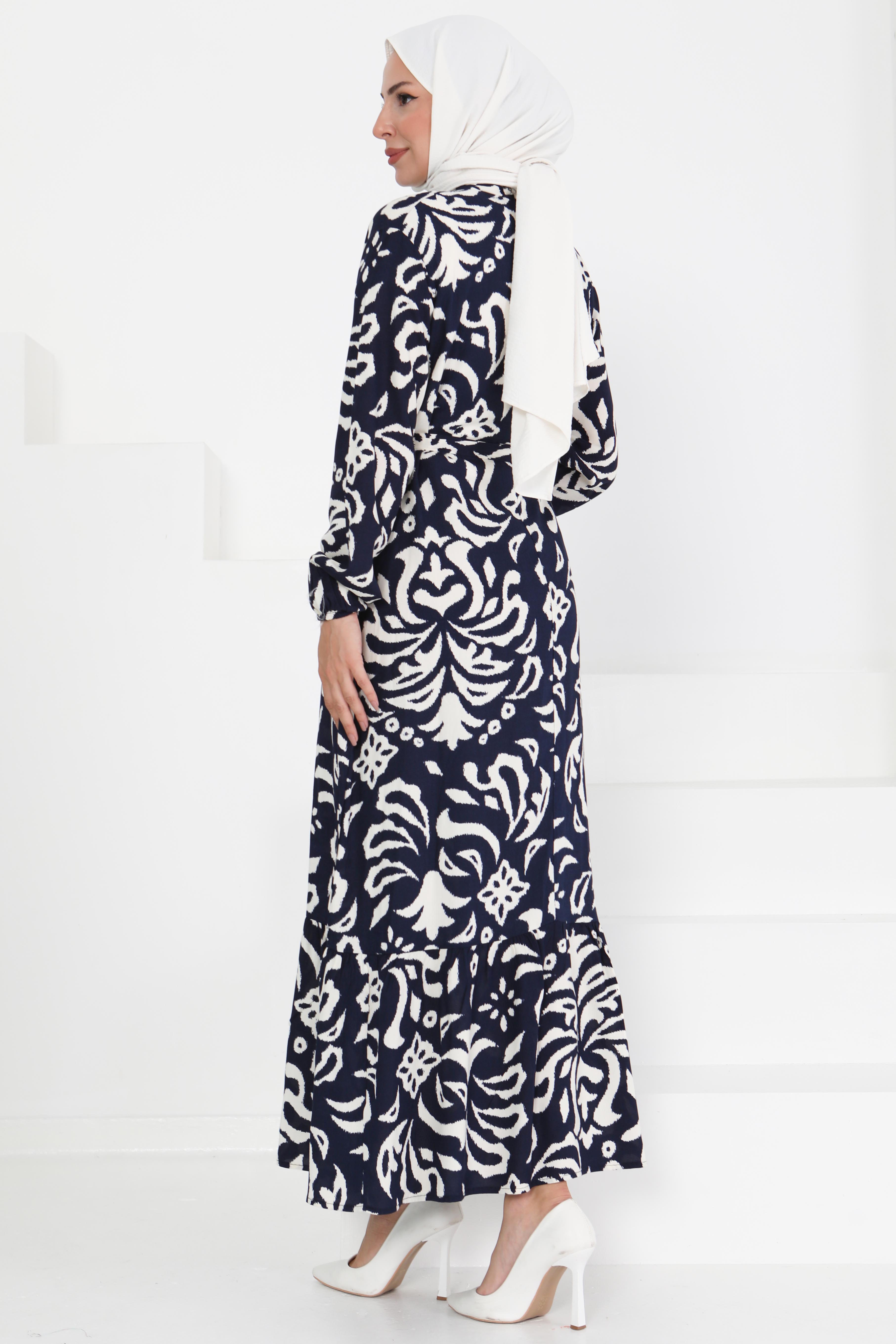 Kuşaklı Desenli Elbise - 27394 - 5