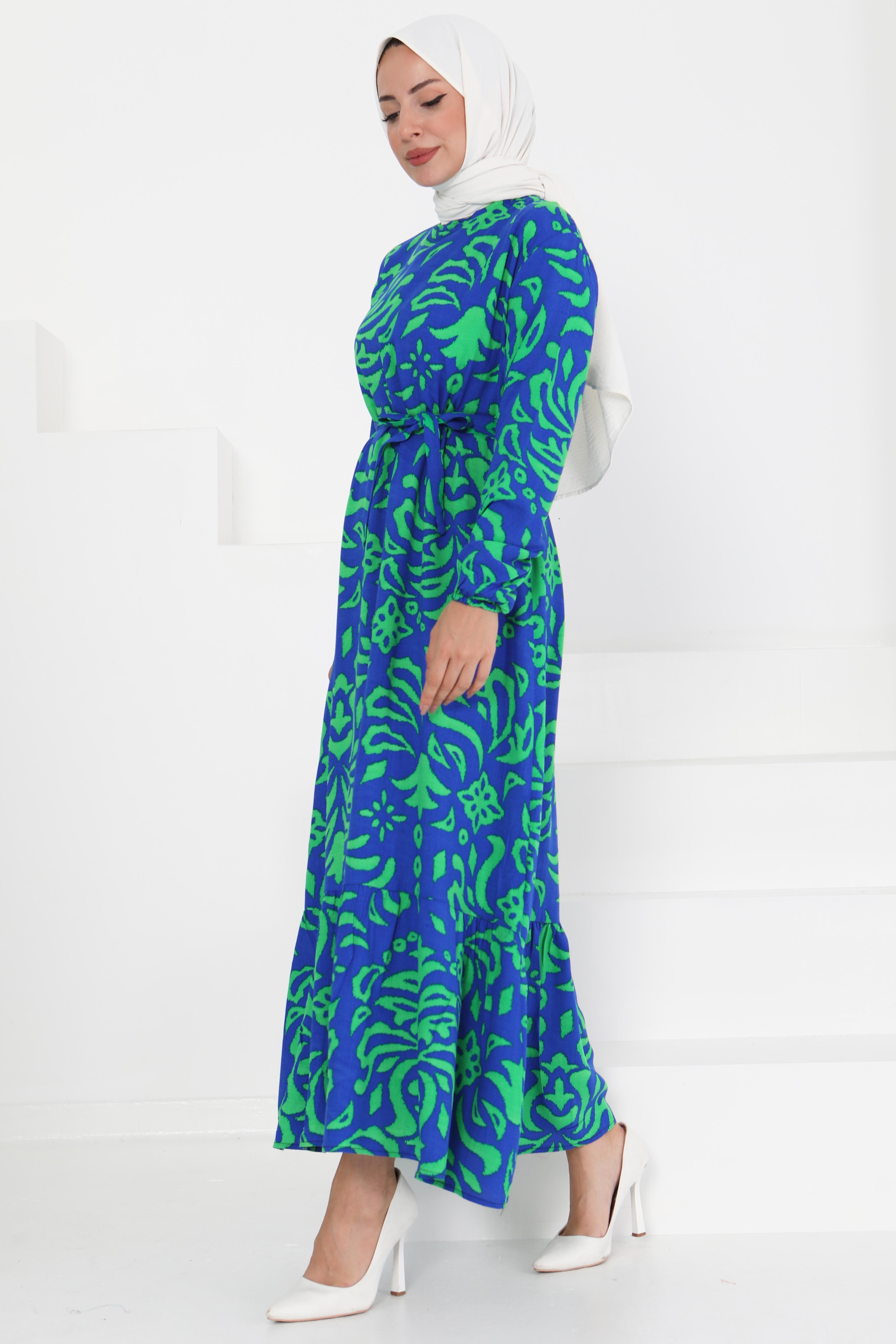 Kuşaklı Desenli Elbise - 27394 - 1