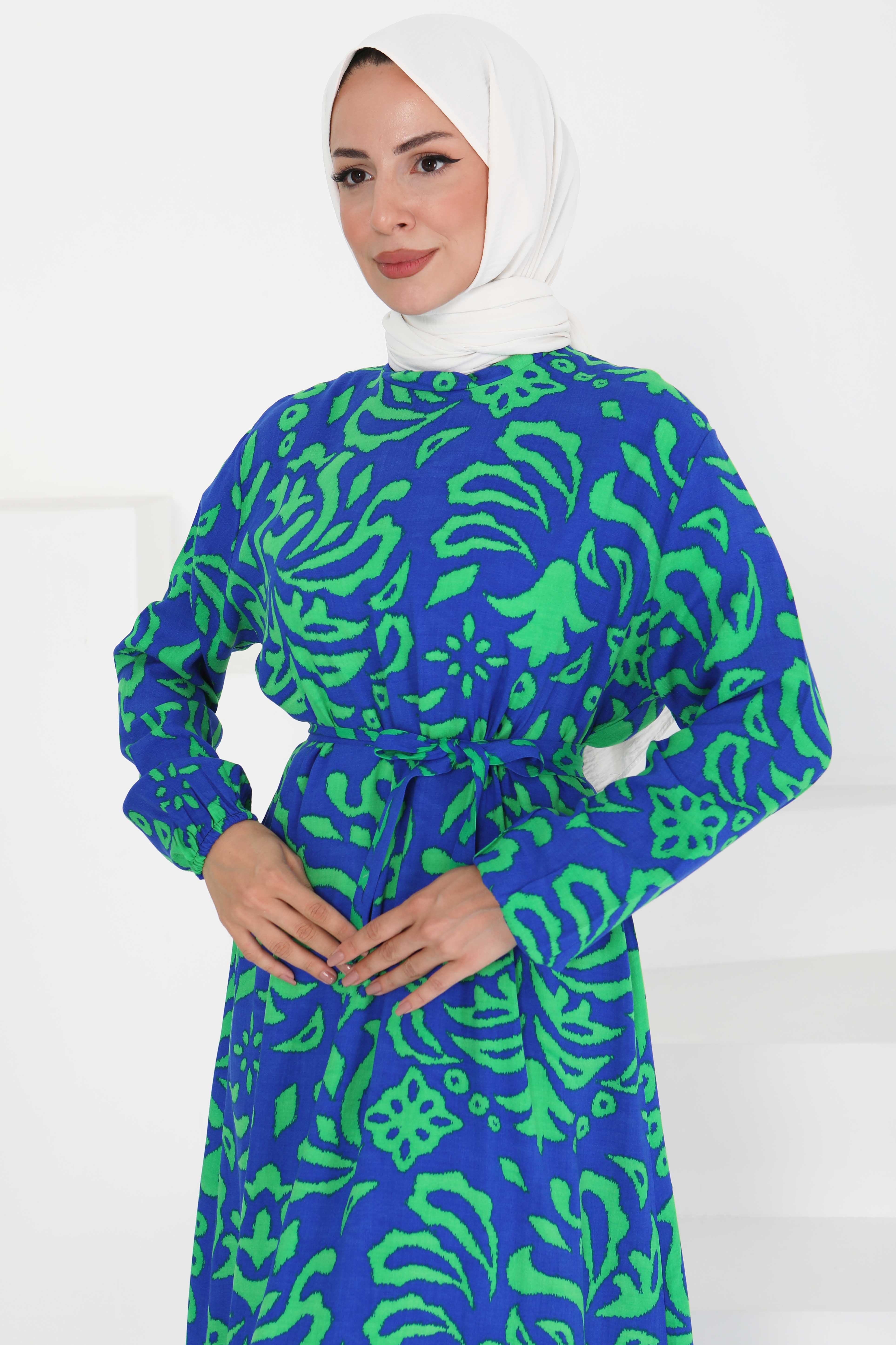 Kuşaklı Desenli Elbise - 27394 - 2