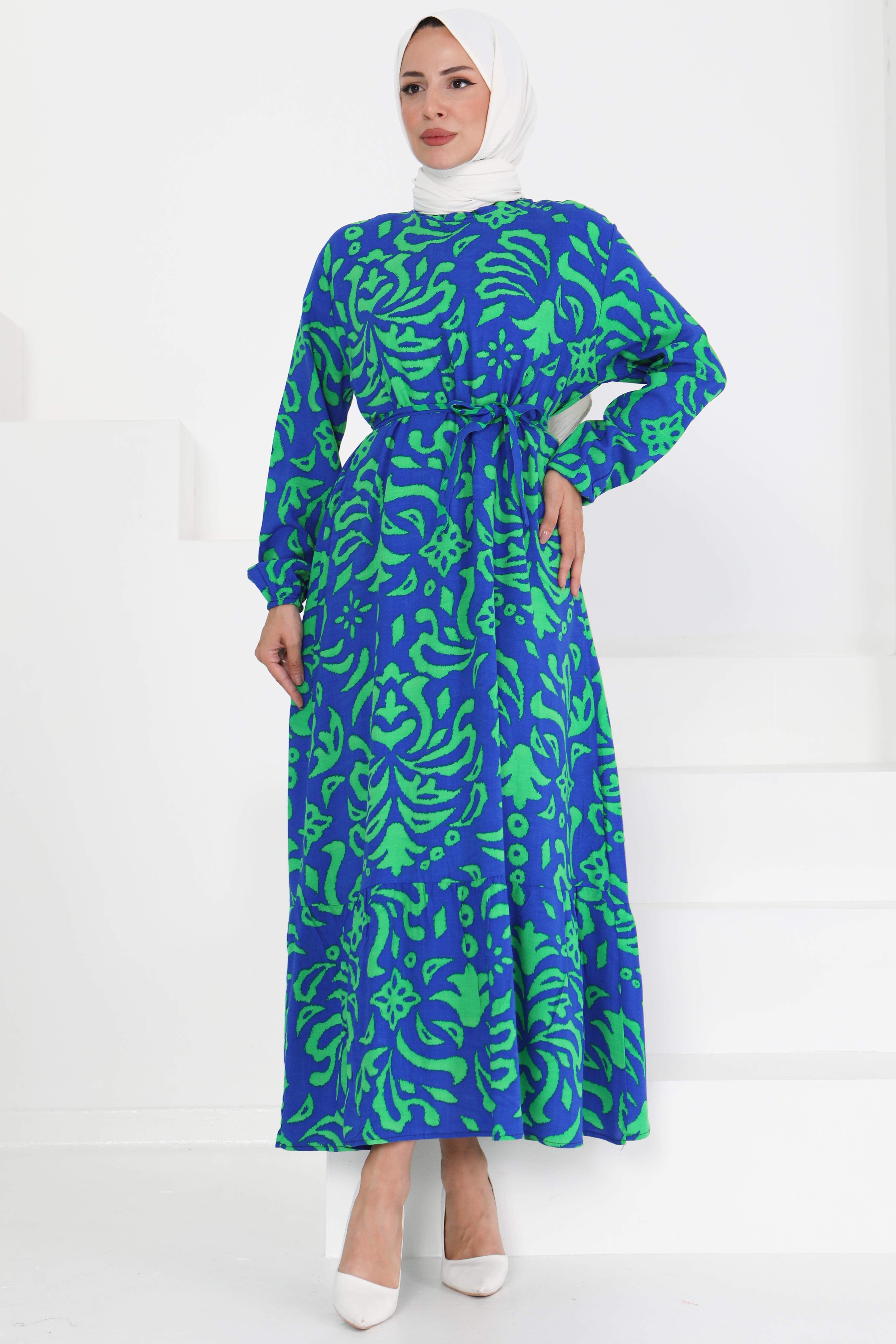 Kuşaklı Desenli Elbise - 27394 - 3