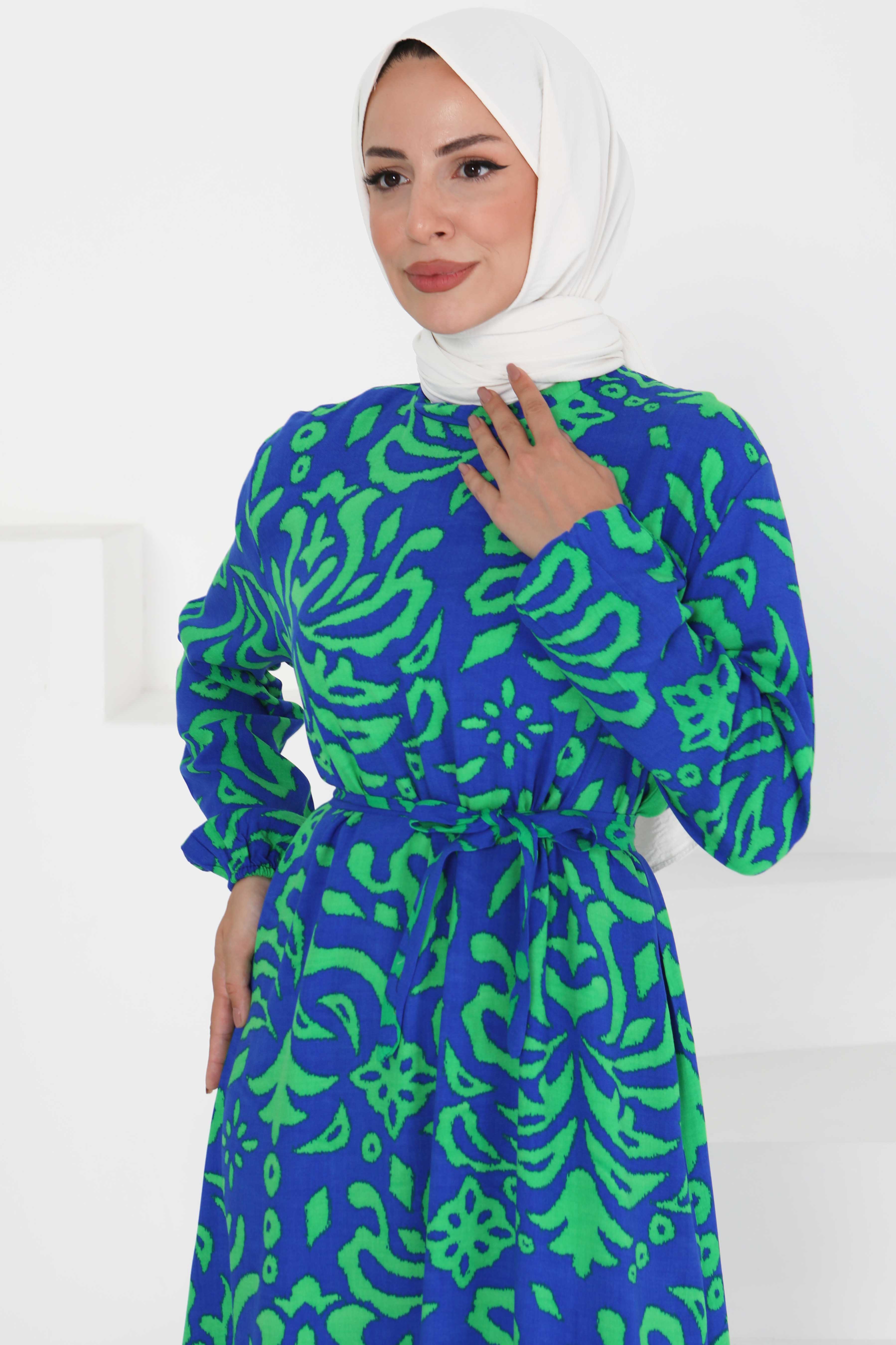 Kuşaklı Desenli Elbise - 27394 - 4