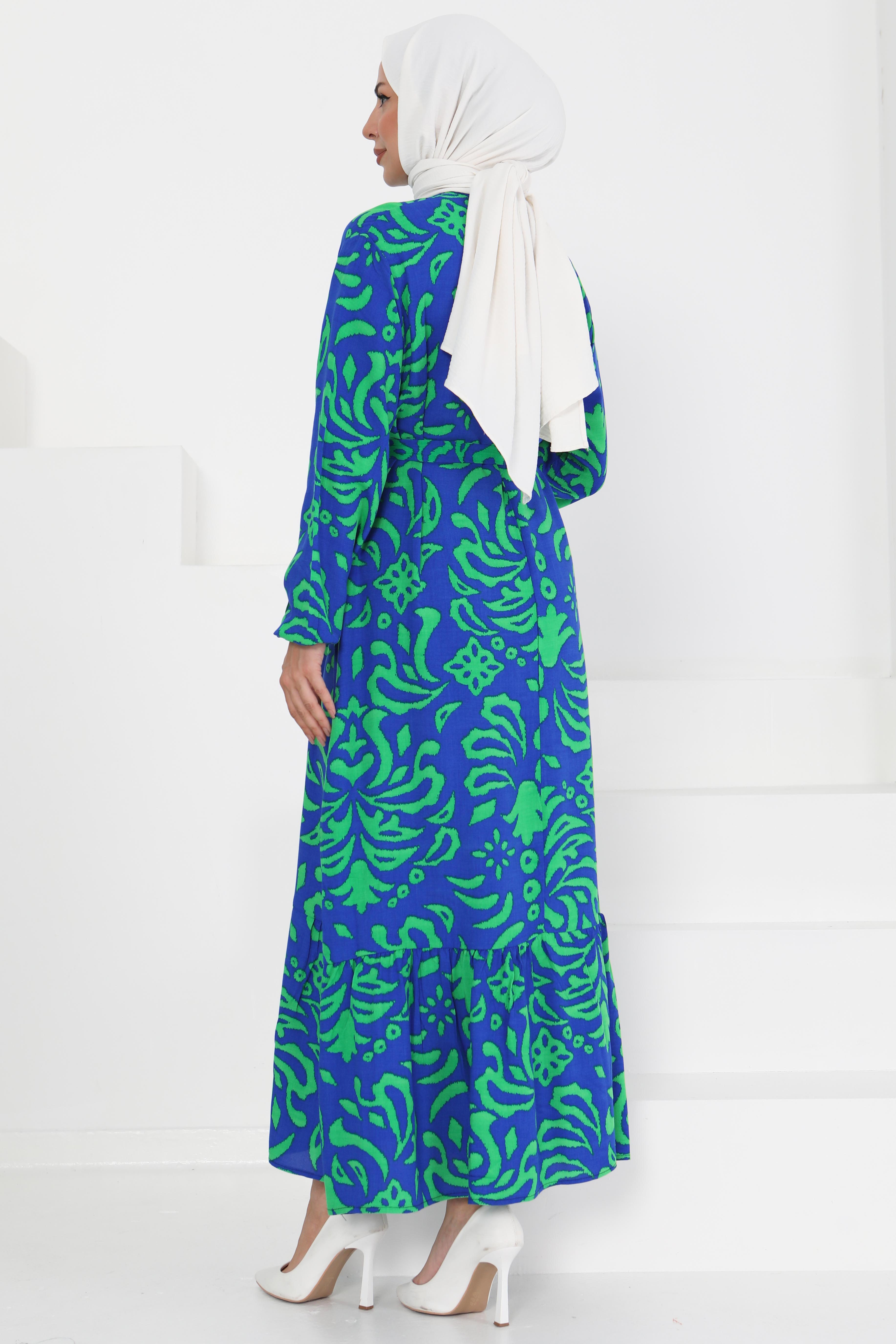 Kuşaklı Desenli Elbise - 27394 - 5