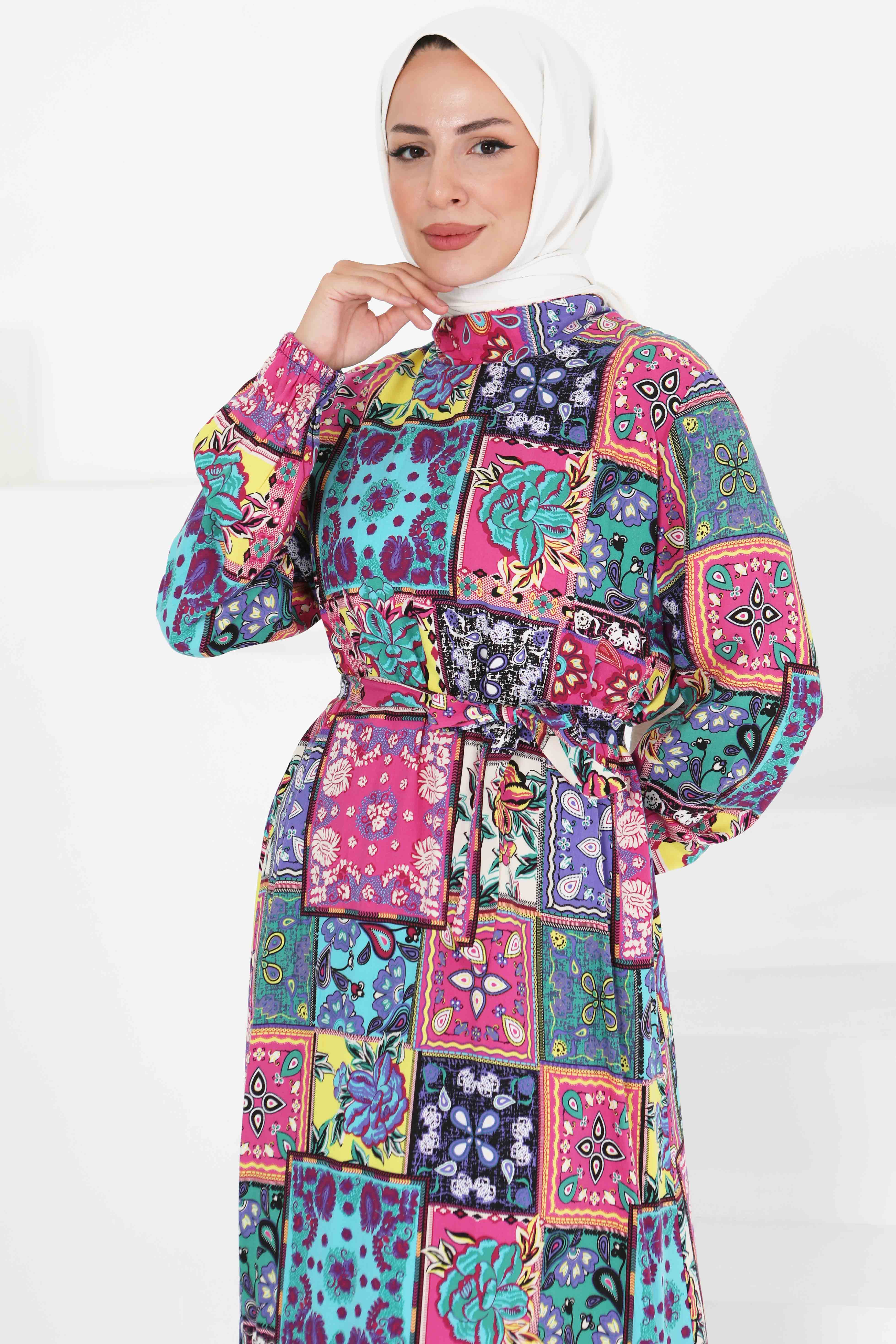 Kuşaklı Desenli Elbise - 27422 - 2