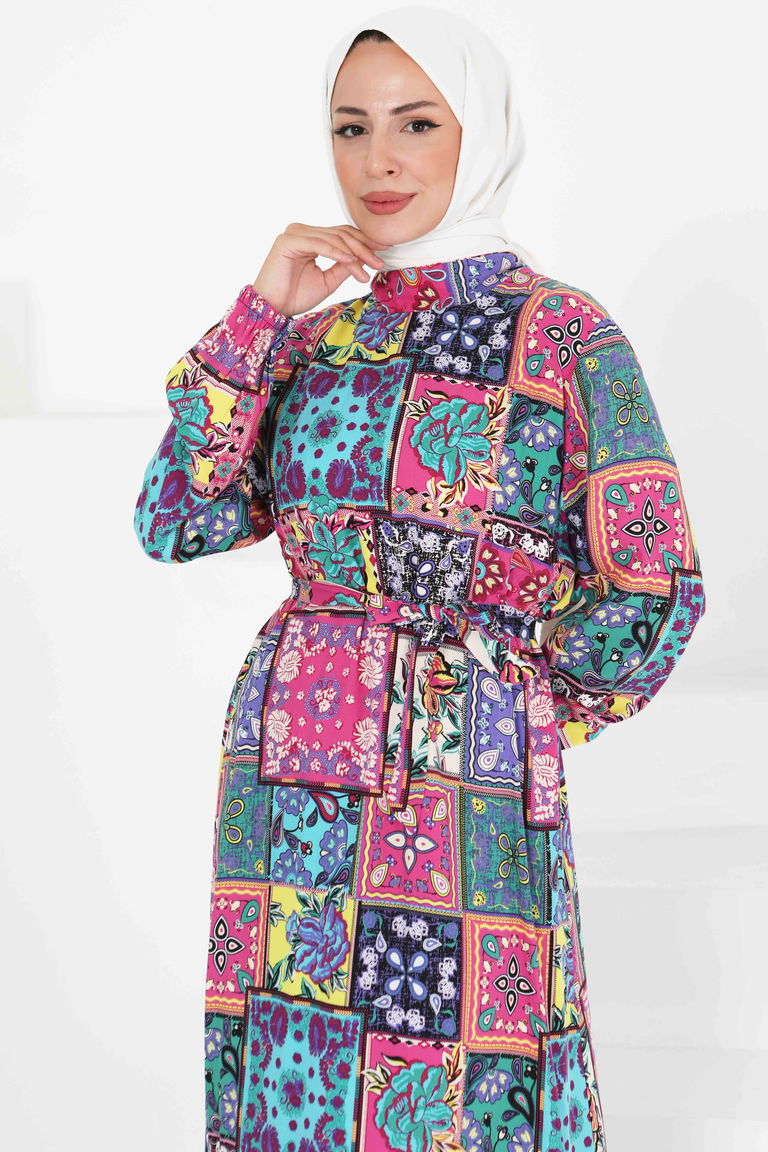 Kuşaklı Desenli Elbise - 27422 - TOFİSA