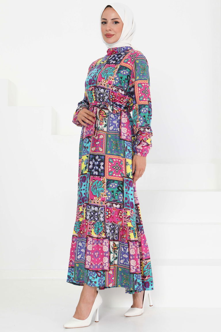 Kuşaklı Desenli Elbise - 27422 - TOFİSA