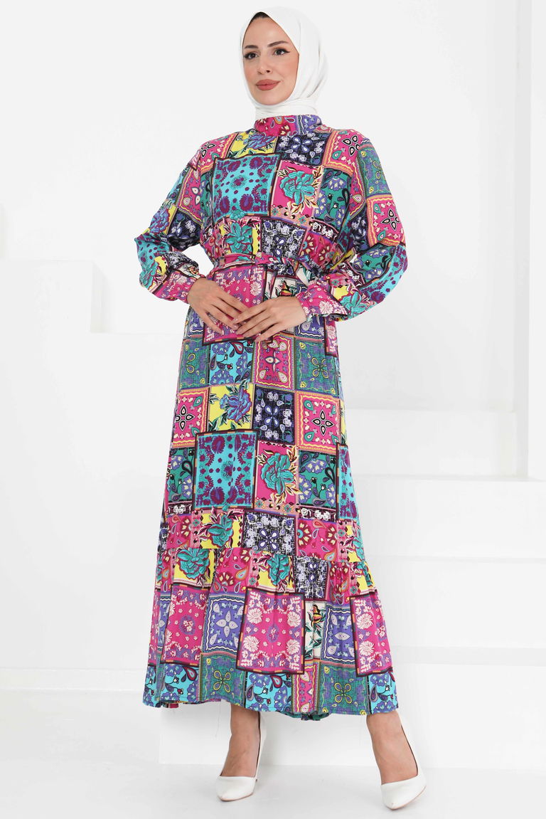 Kuşaklı Desenli Elbise - 27422 - TOFİSA