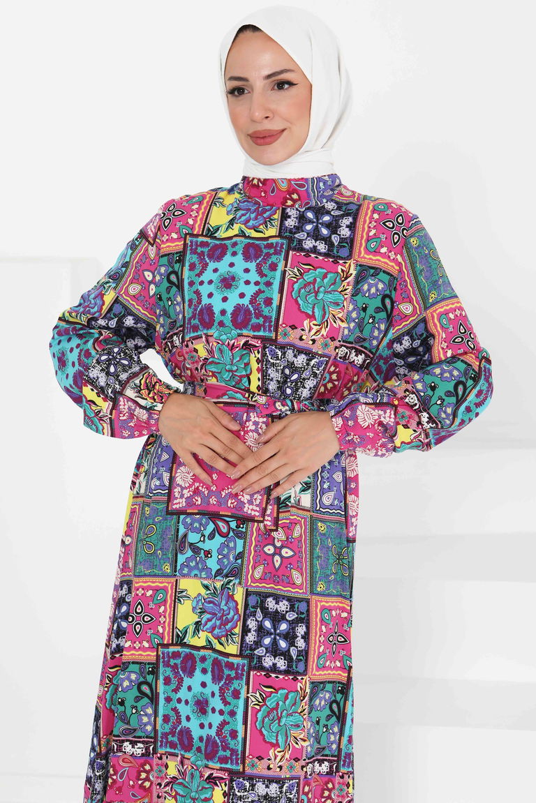 Kuşaklı Desenli Elbise - 27422 - TOFİSA