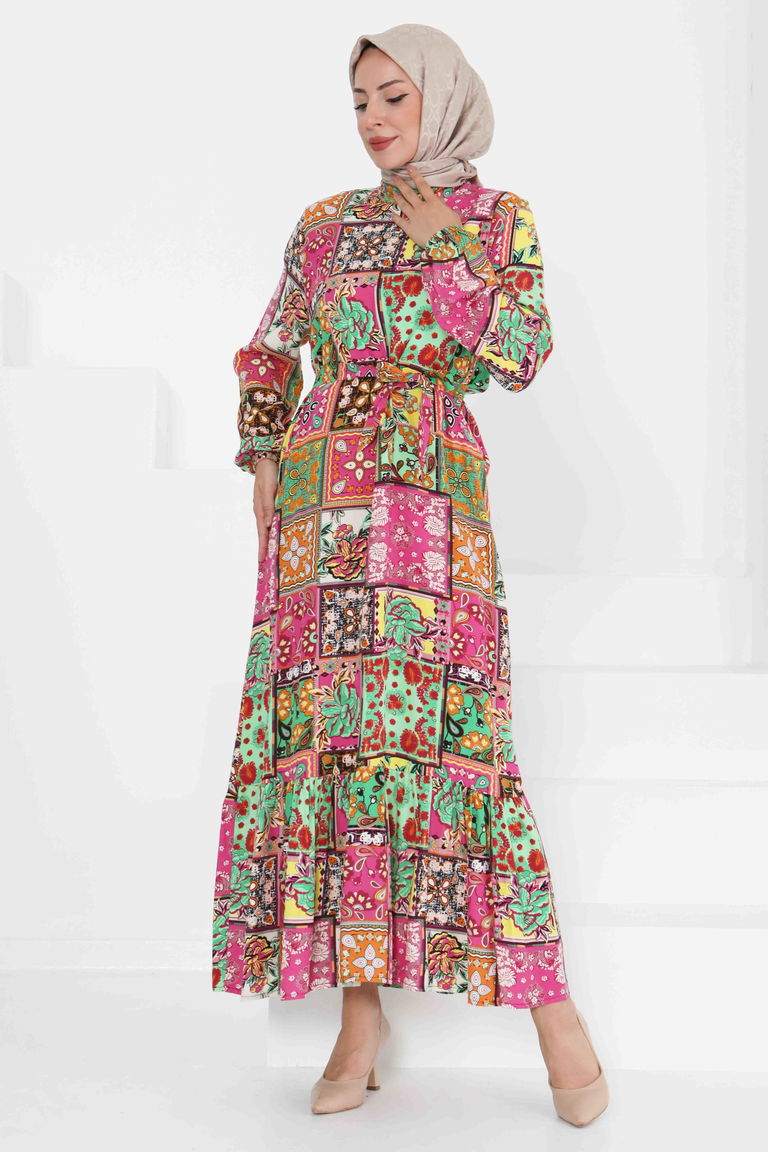 Kuşaklı Desenli Elbise - 27422 - TOFİSA