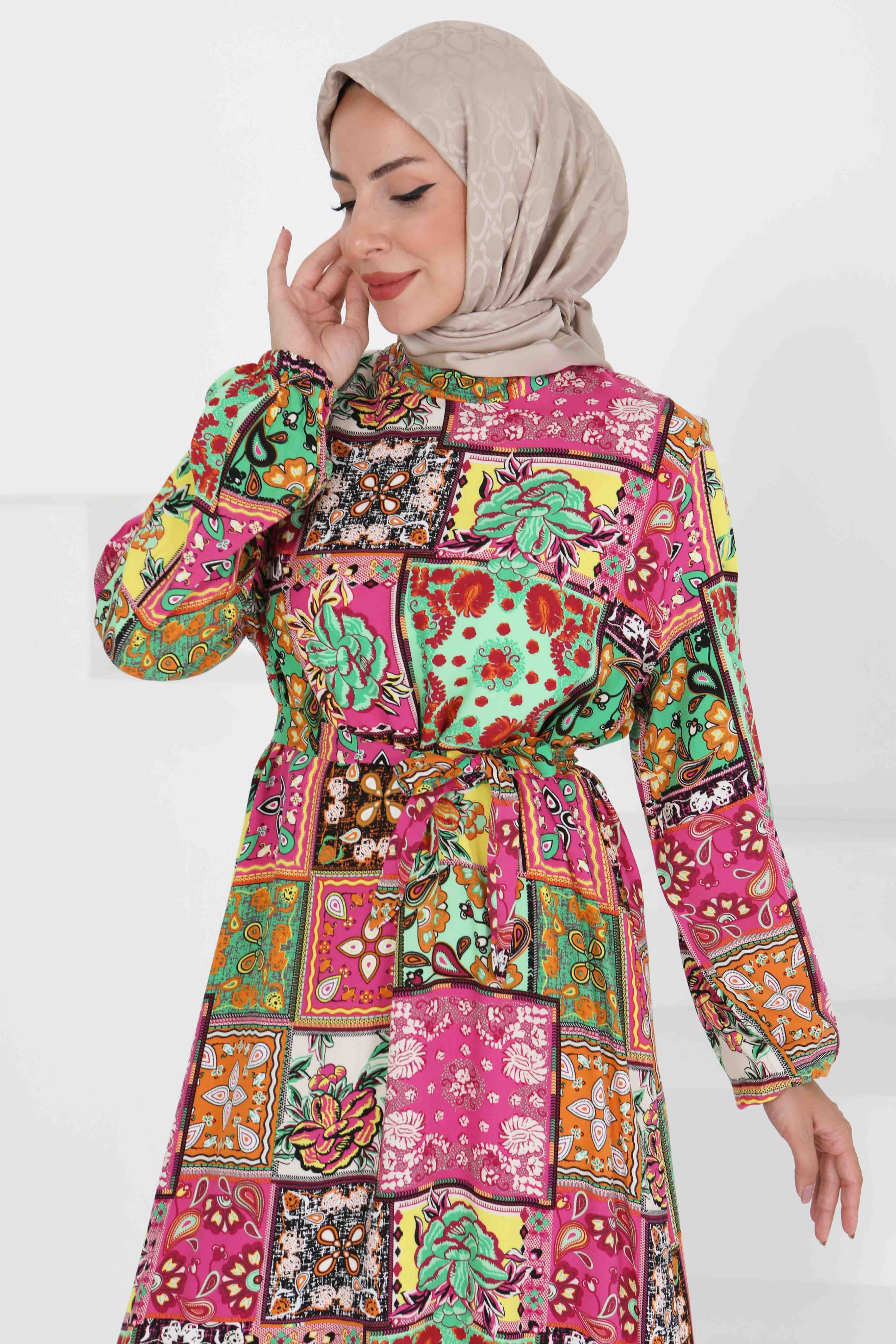 Kuşaklı Desenli Elbise - 27422 - 2