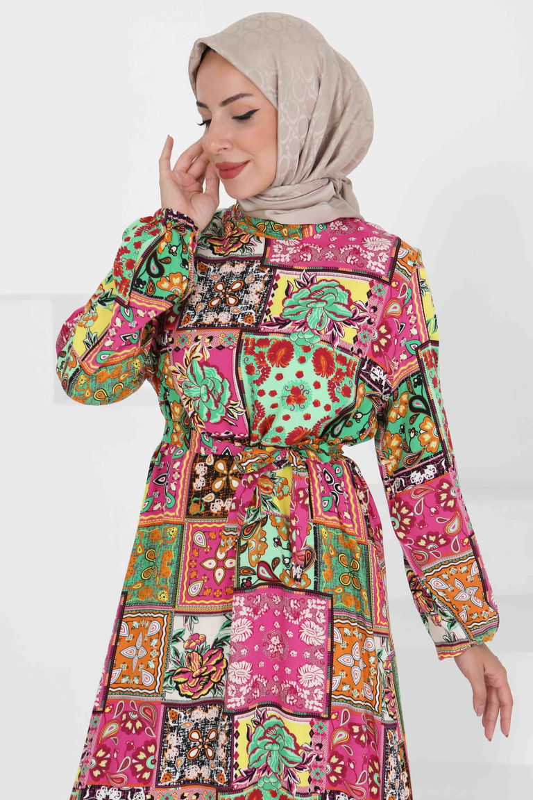 Kuşaklı Desenli Elbise - 27422 - TOFİSA