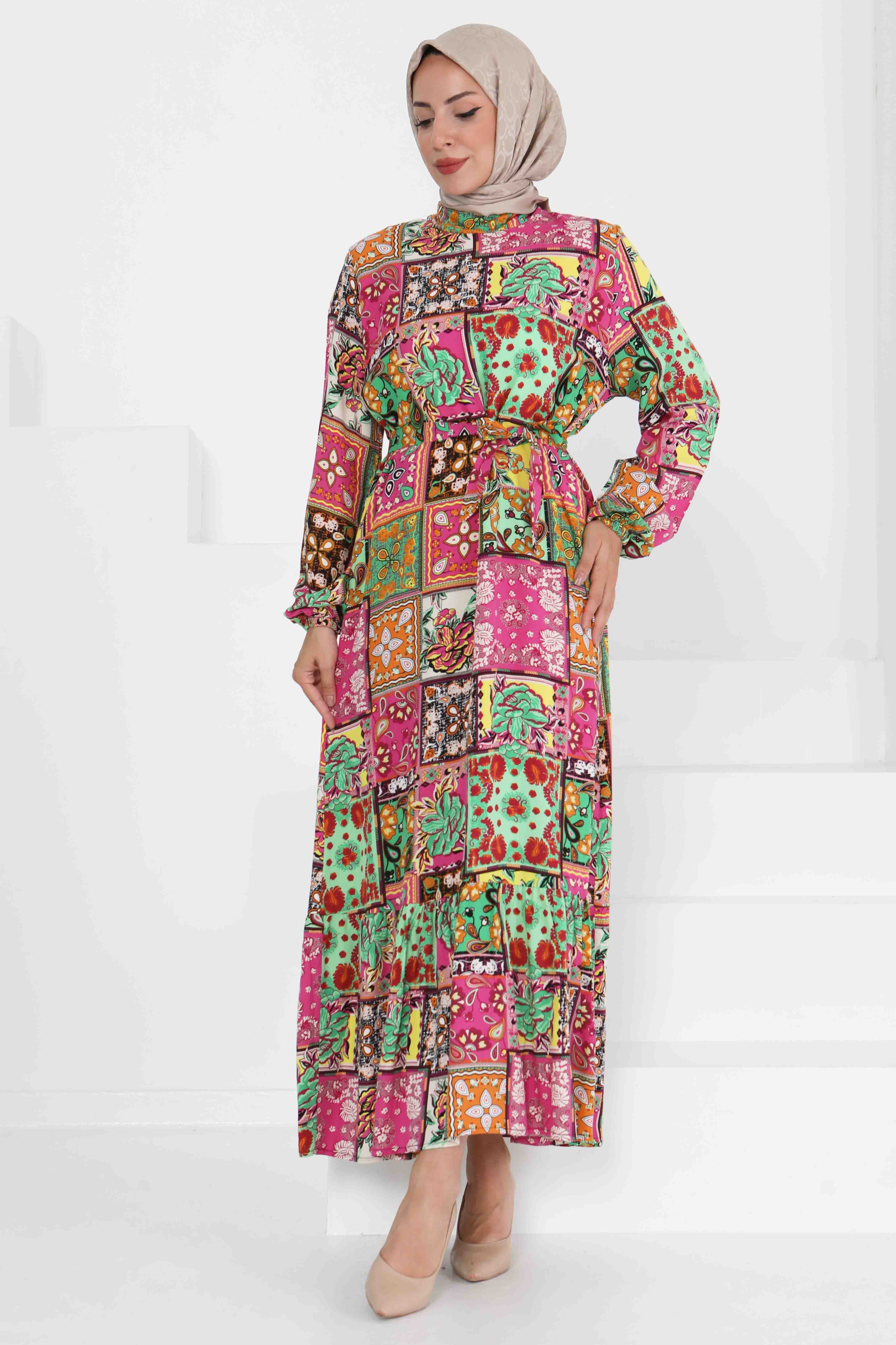 Kuşaklı Desenli Elbise - 27422 - 3