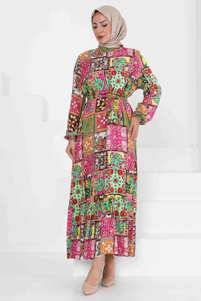 Kuşaklı Desenli Elbise - 27422 - TOFİSA