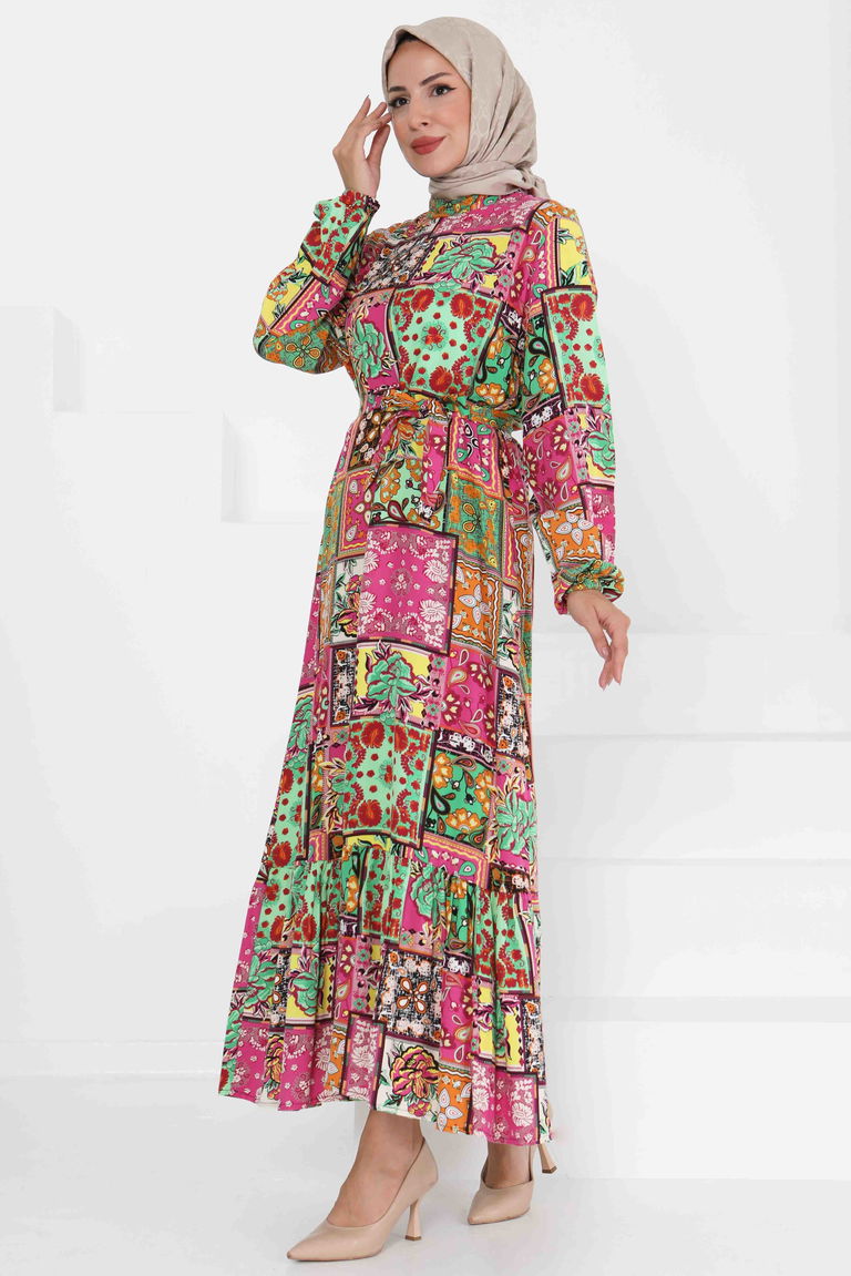 Kuşaklı Desenli Elbise - 27422 - TOFİSA