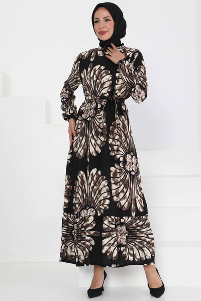 Kuşaklı Desenli Elbise - 27427 