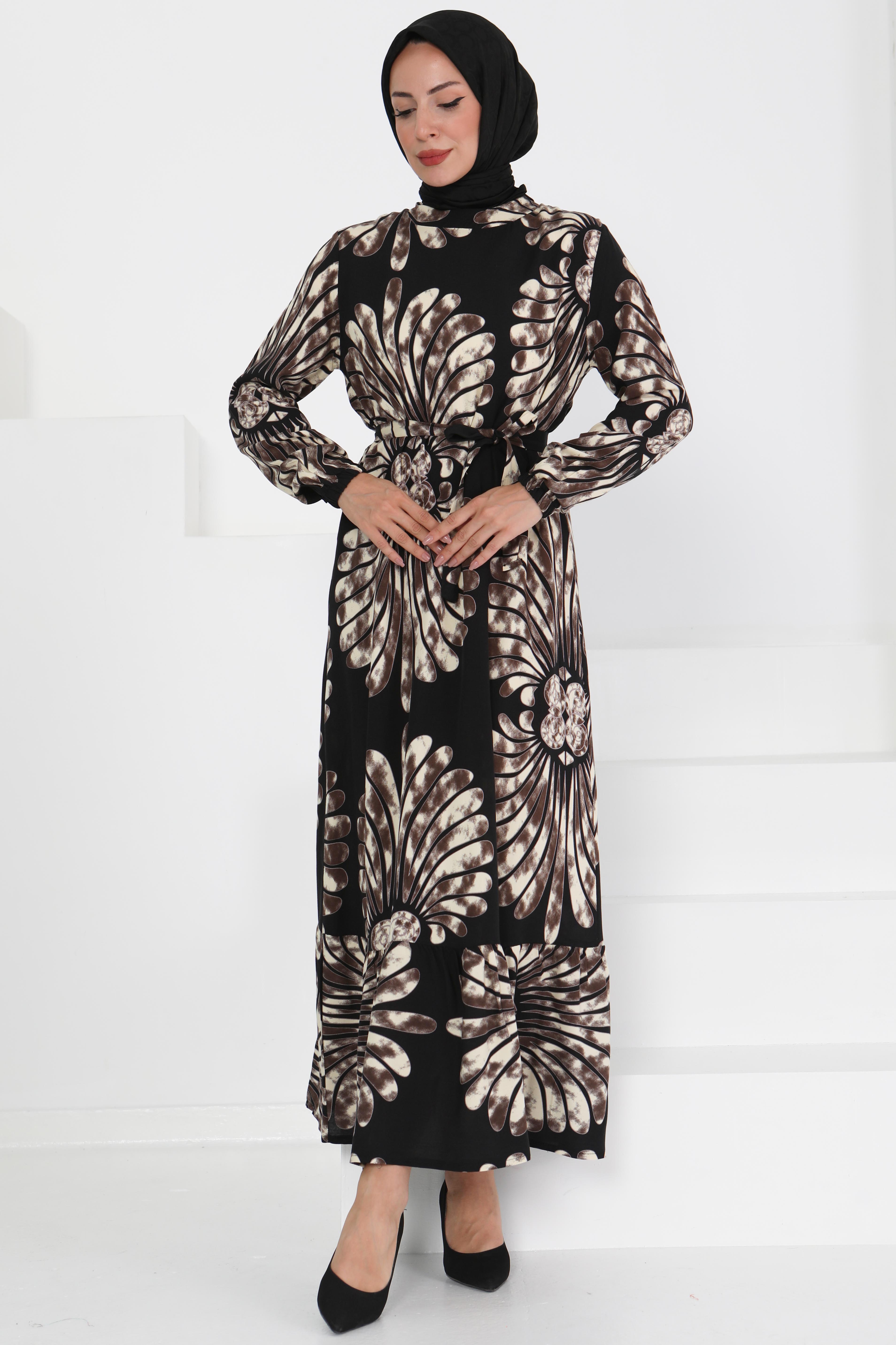 Kuşaklı Desenli Elbise - 27427 - 3